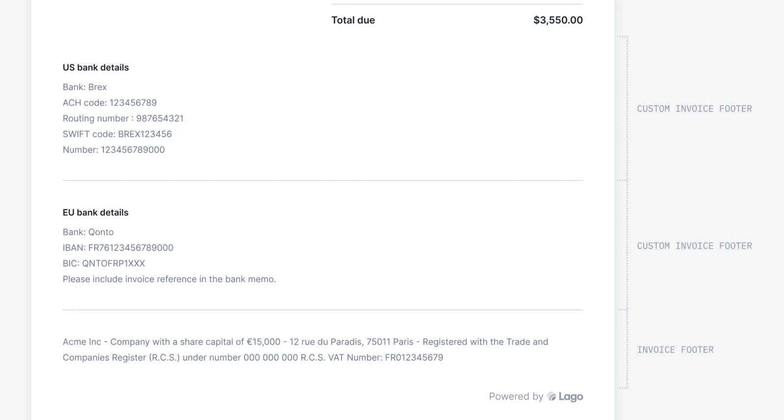 Lago invoice with a custom section showing bank details.