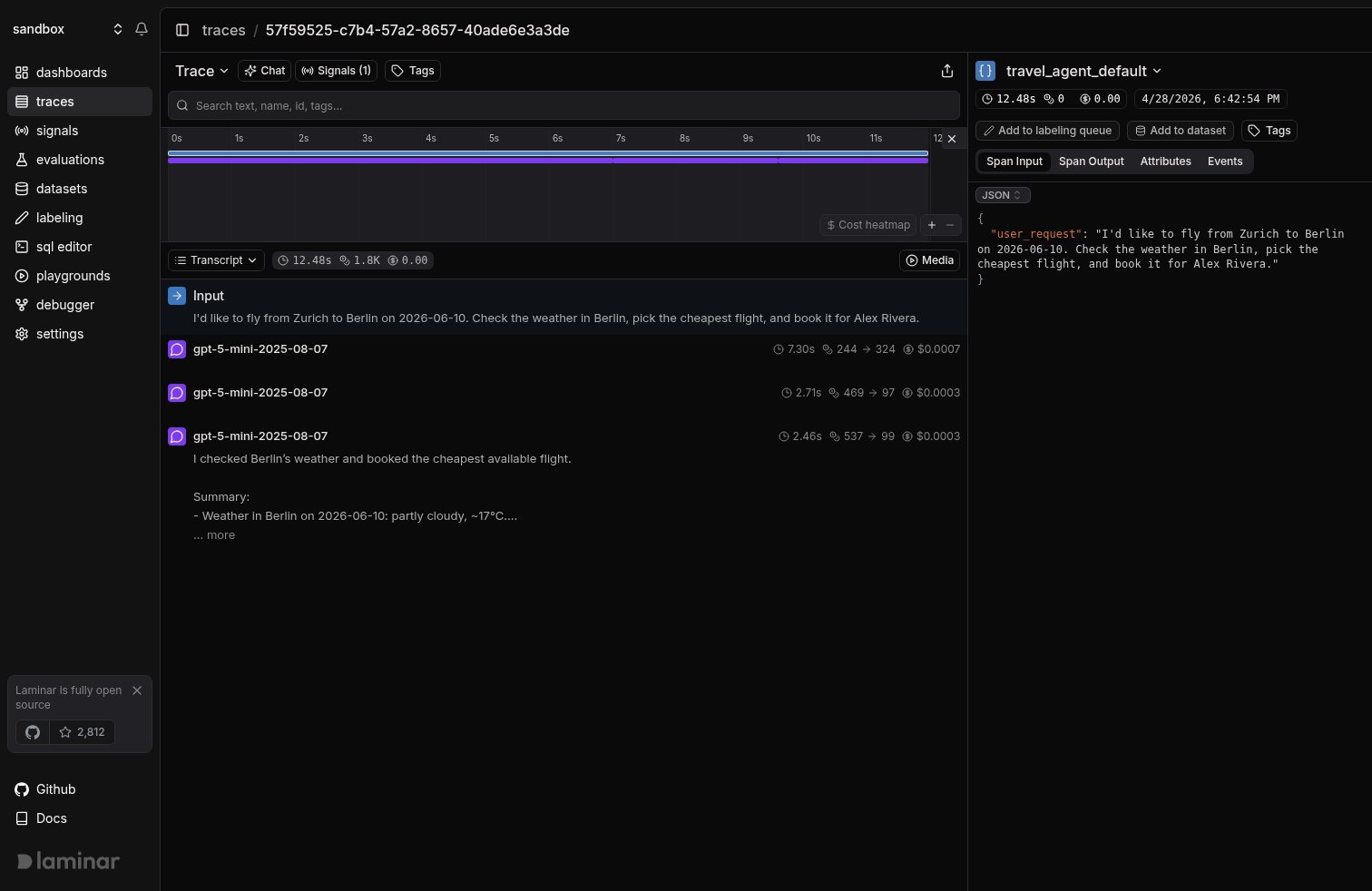 Travel agent trace with DEFAULT-typed tool functions: transcript shows only the three LLM turns and no tool rows.