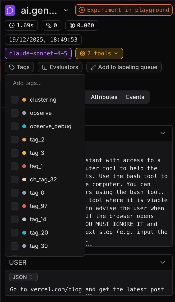 Adding tags to a span in the Laminar UI