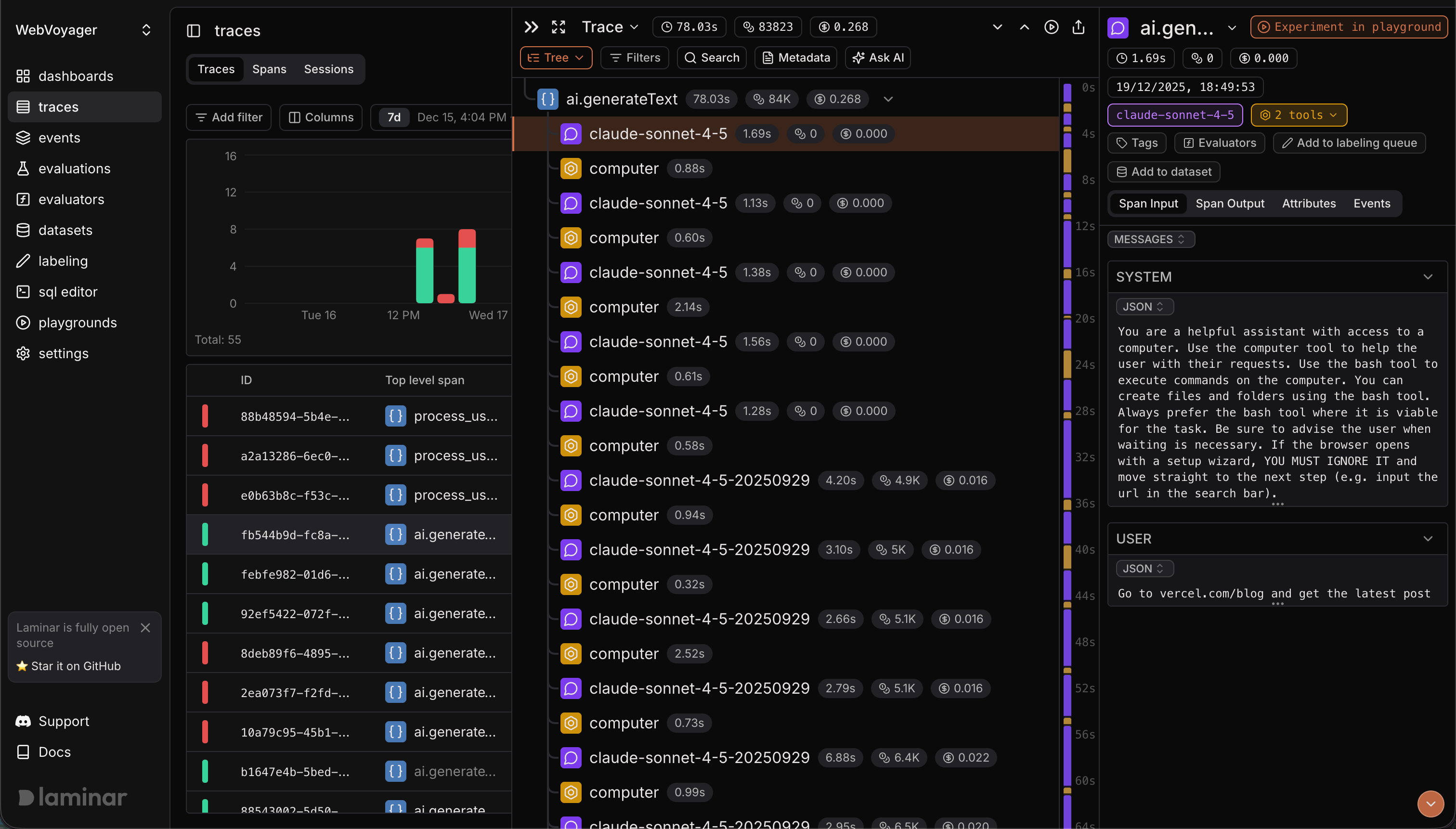 Trace view showing spans for an agent run