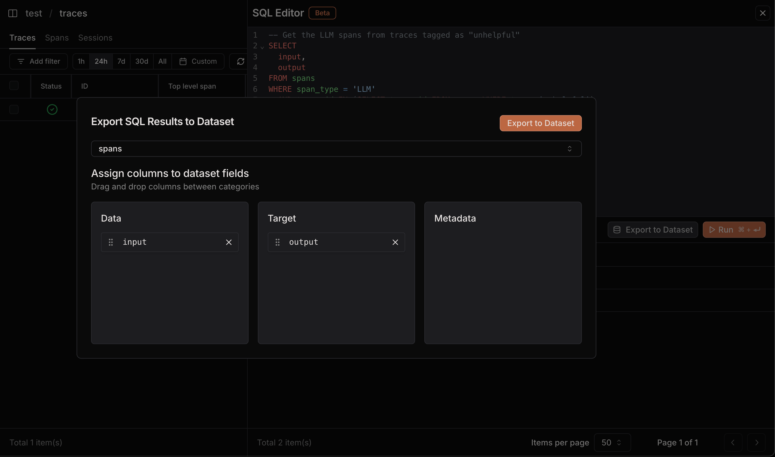 Exporting query results to dataset for labeling