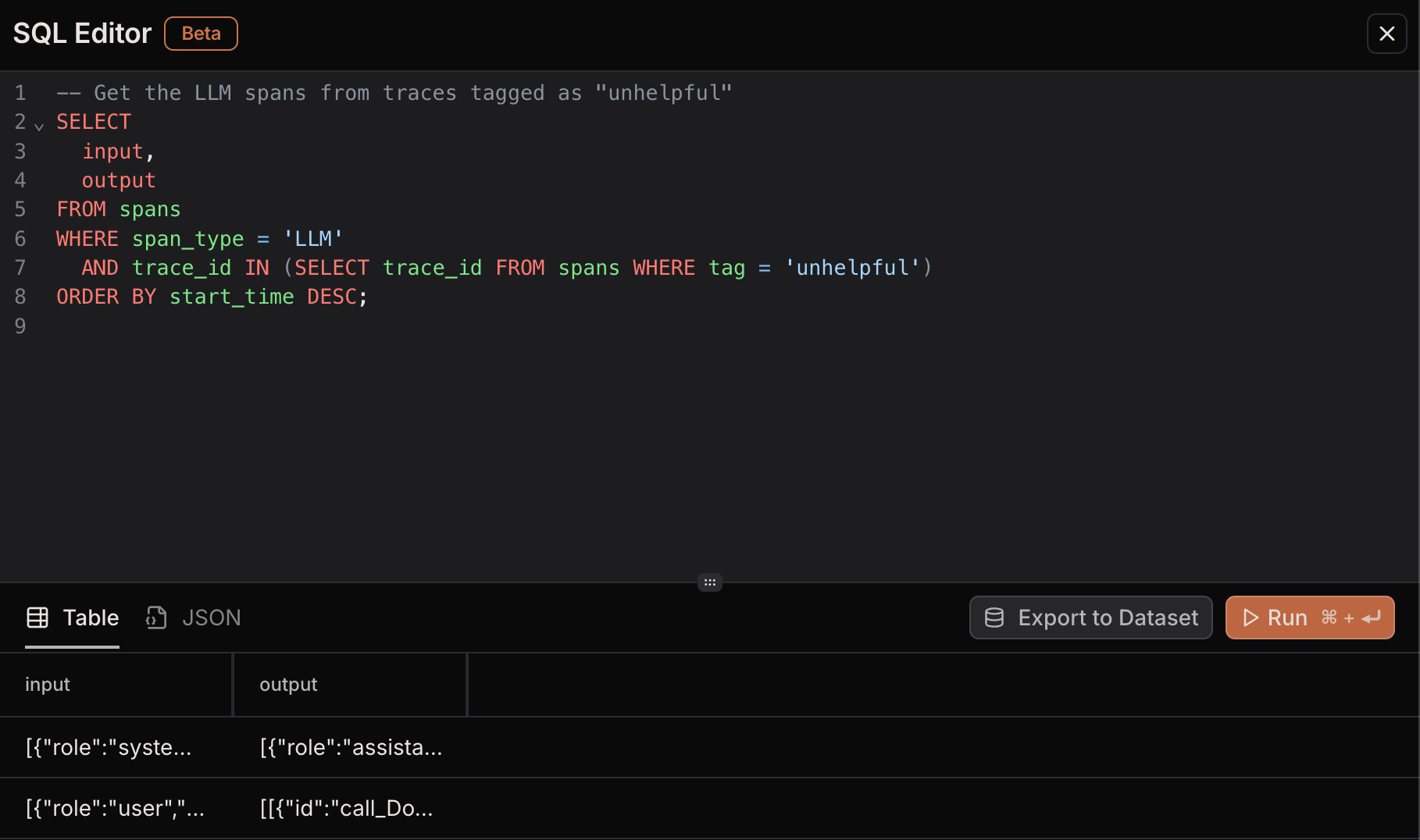 SQL Editor showing query results for unhelpful interactions