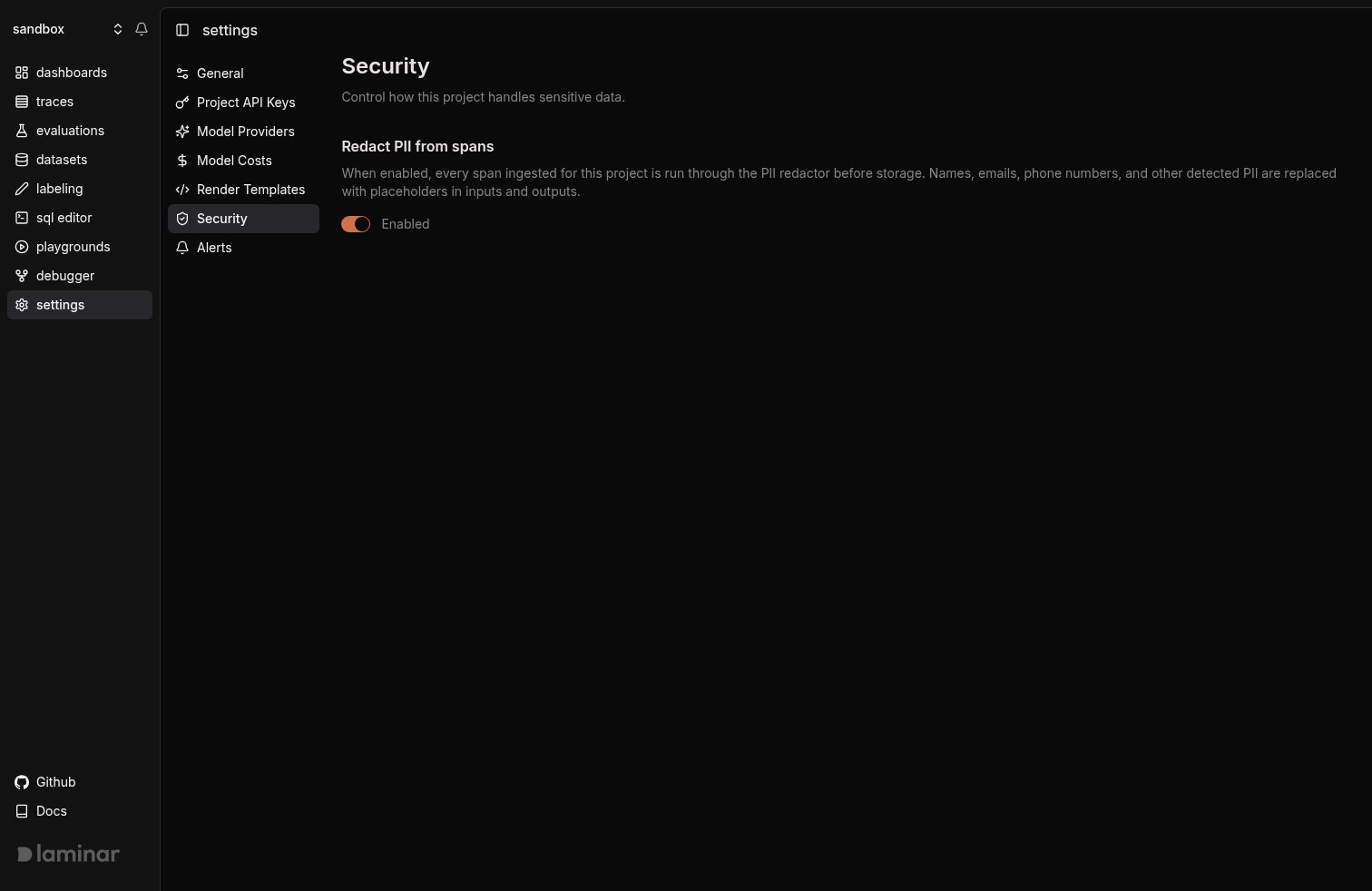 Security tab with the Redact PII from spans toggle in the on position