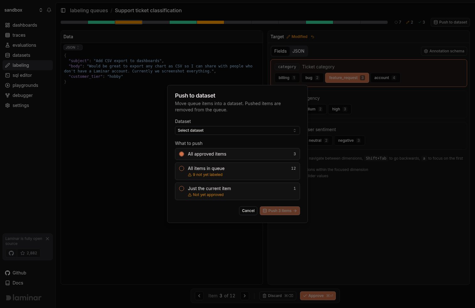 Push to dataset dialog
