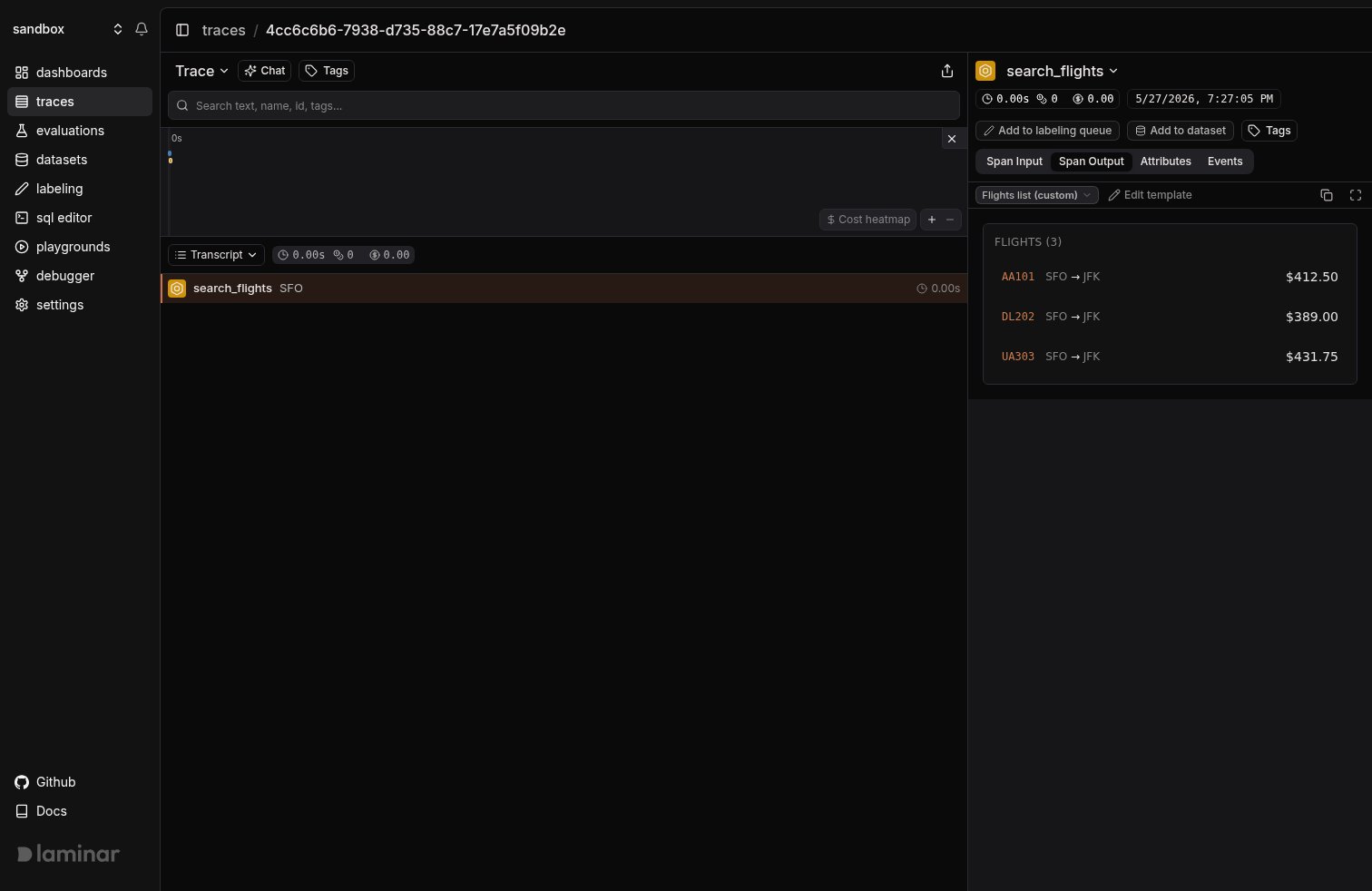 Span Output rendered through a custom Flights list template