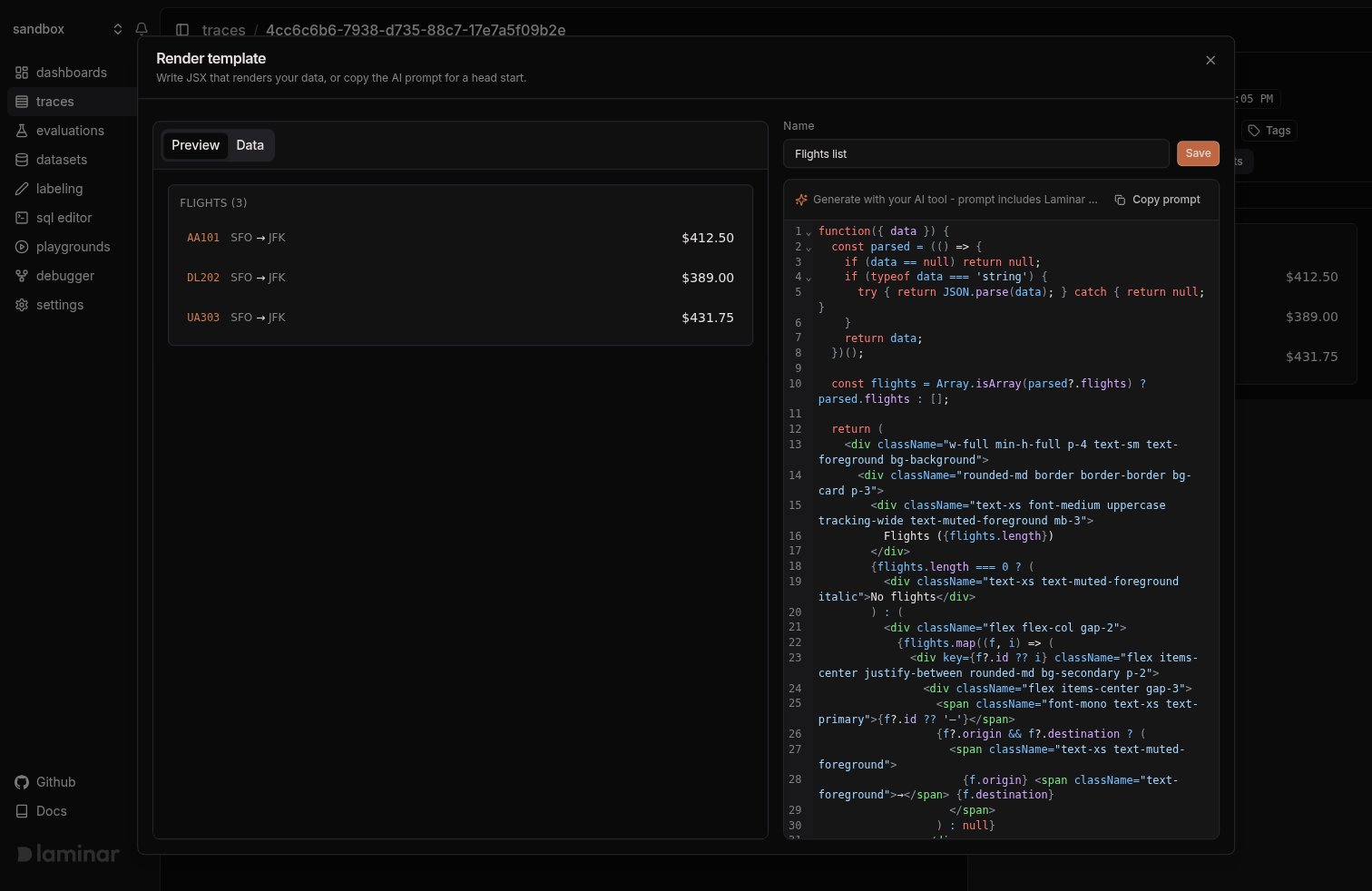 Render template edit dialog with live preview and JSX editor