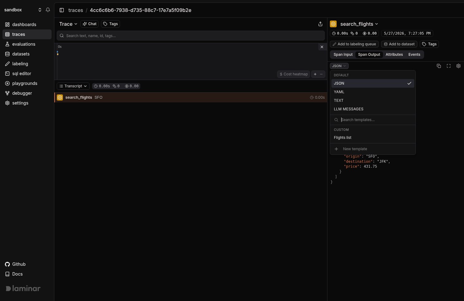 Mode picker dropdown showing Custom group with a Flights list template