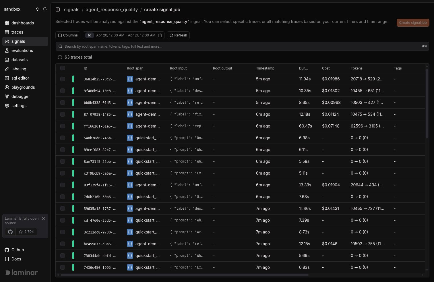 Create signal job page with trace selection, filters, and trace table