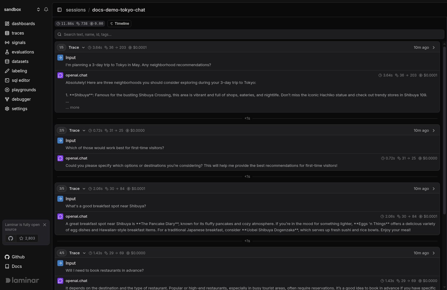 Session detail page showing traces with Input and Output previews
