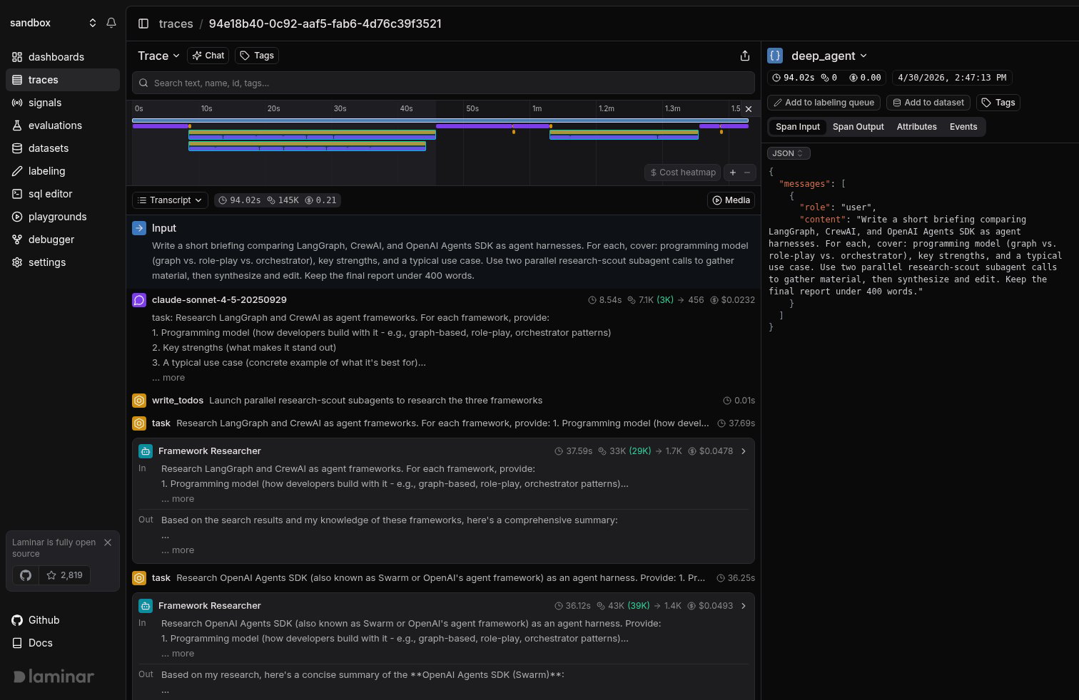 deepagents trace in Laminar, transcript view with a subagent card