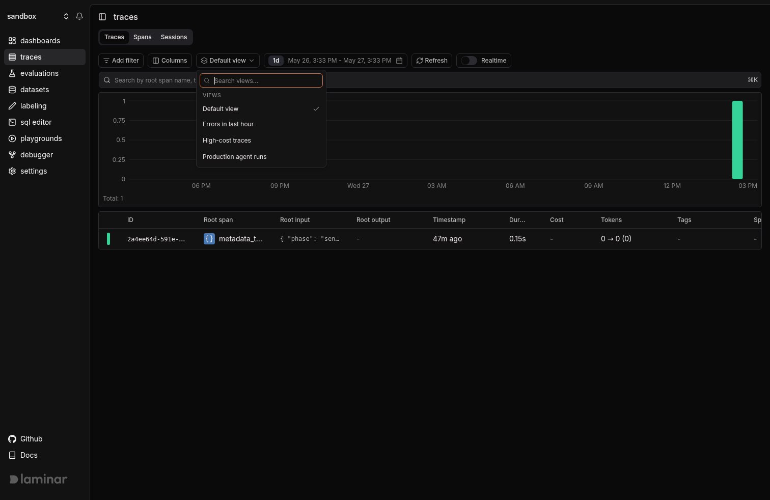 Table views picker open above the traces table