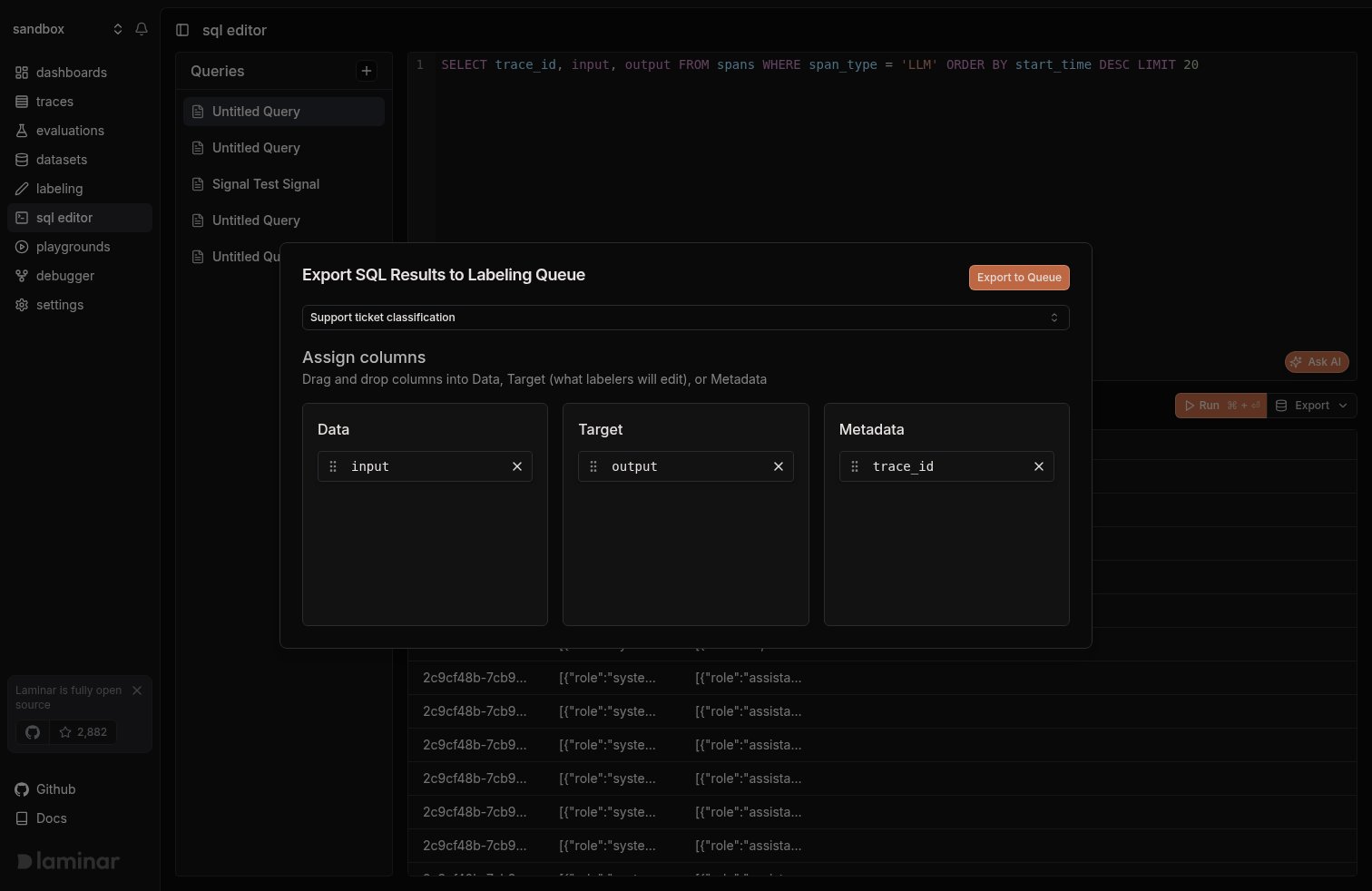 Export SQL results to a labeling queue