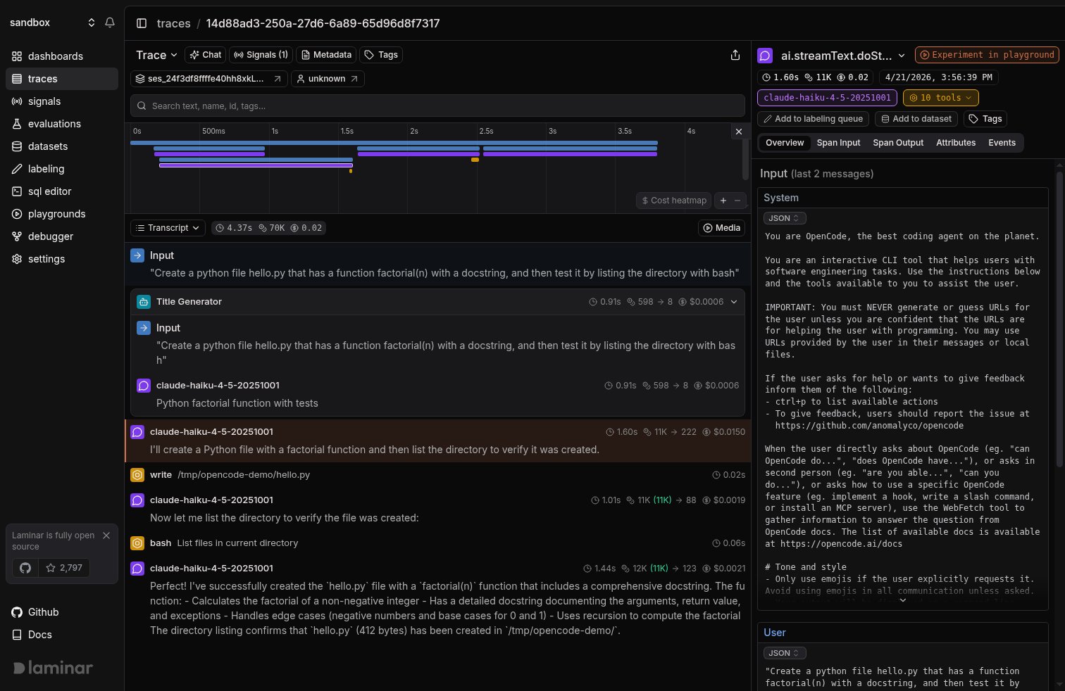 OpenCode CLI trace in Laminar