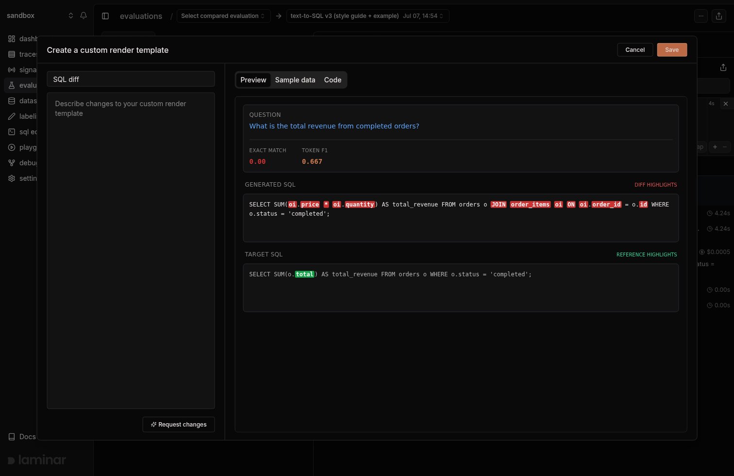 Render template dialog with a describe field, Generate button, and live preview