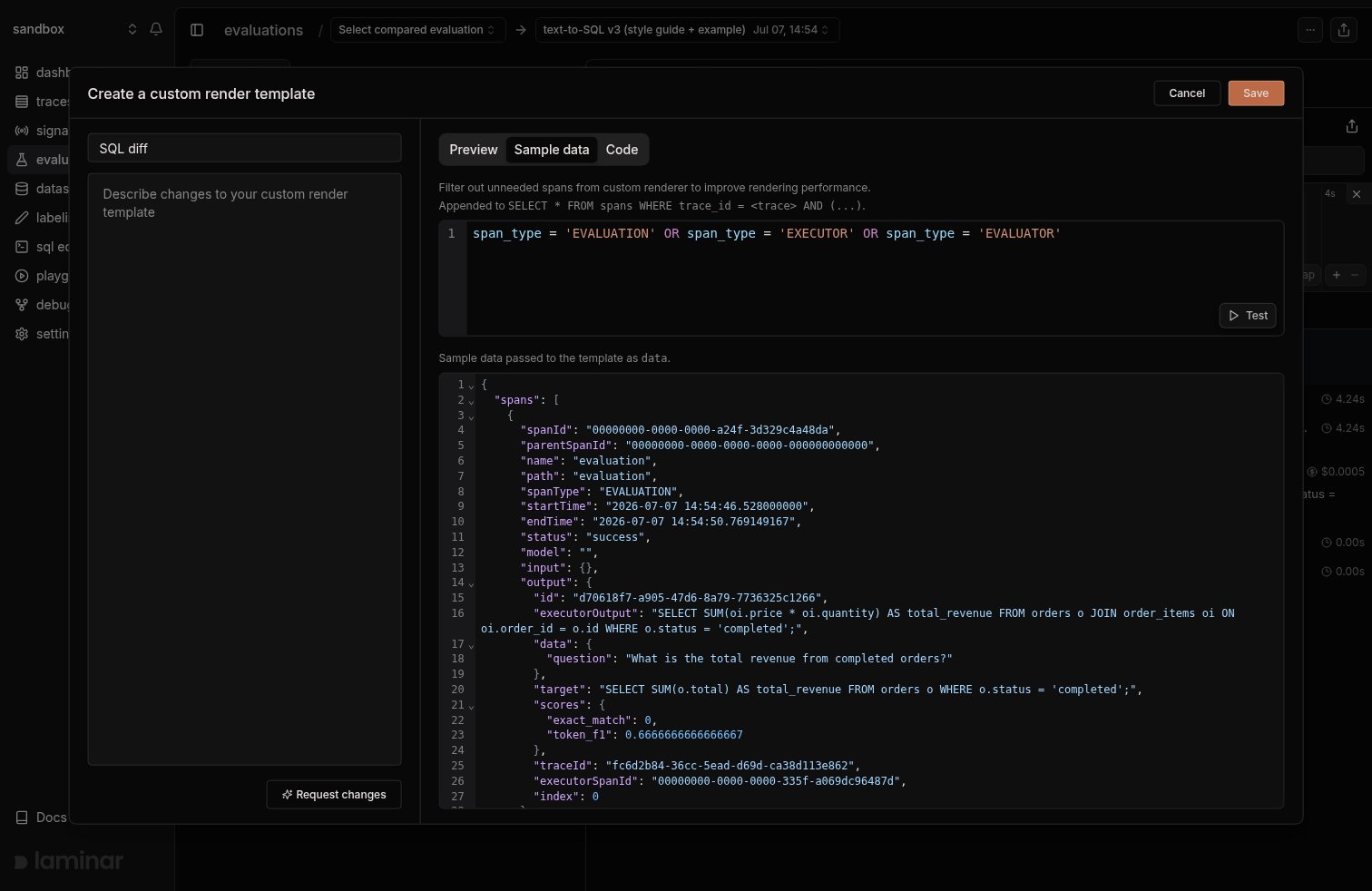 Sample data tab showing the generated SQL span filter, a Test button, and the JSON spans payload