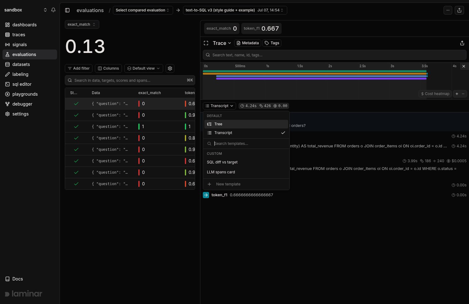 Trace view dropdown showing default modes and custom trace templates