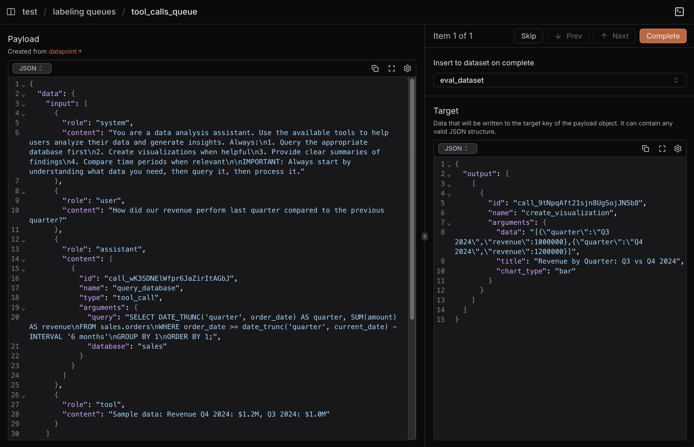 Split-screen labeling interface showing payload and target editor