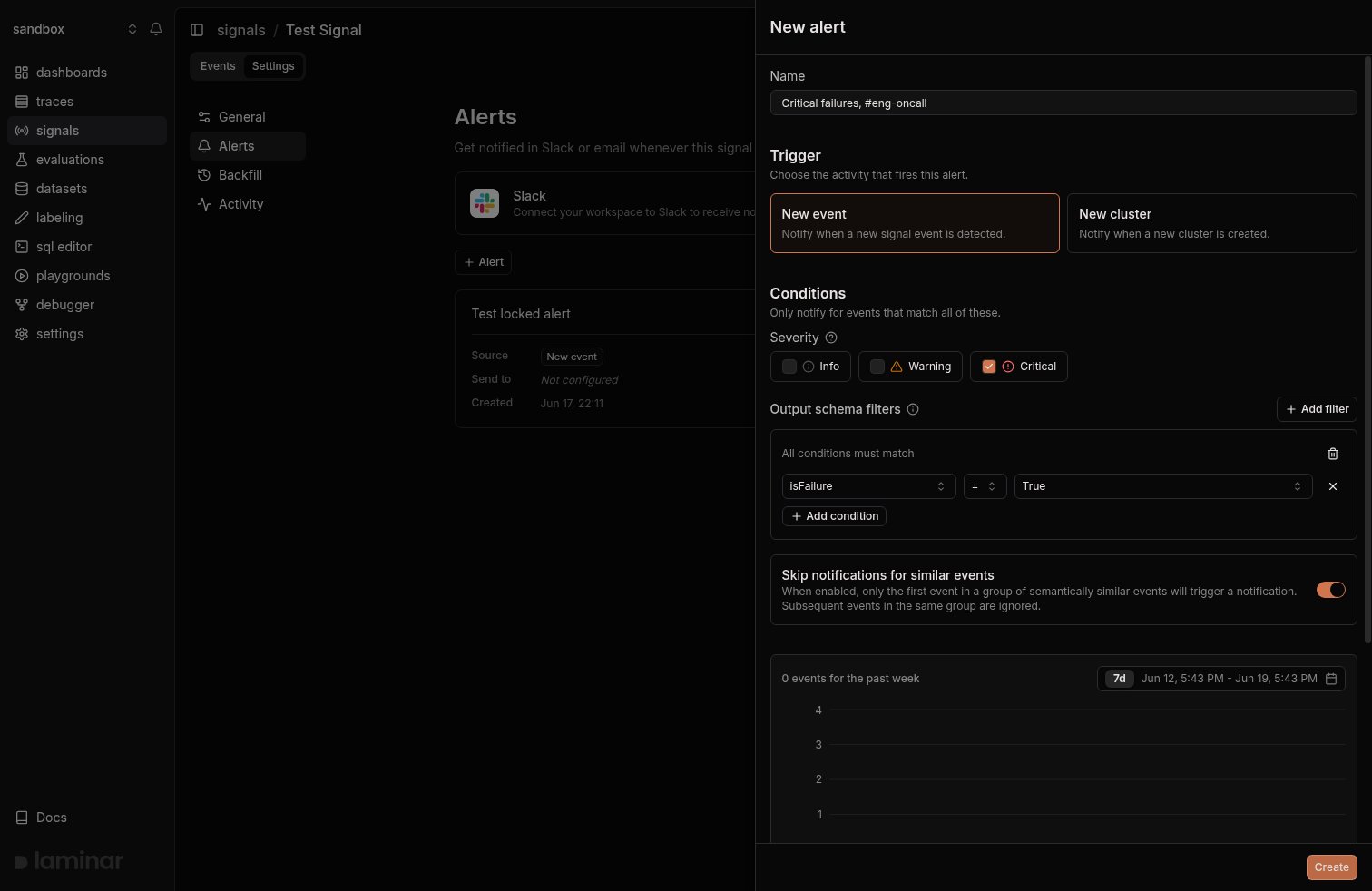 New alert form with trigger, severity, and an output schema filter condition group