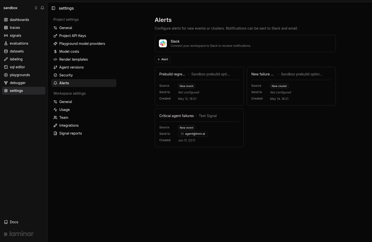 Project alerts settings page showing configured alerts and Slack connection