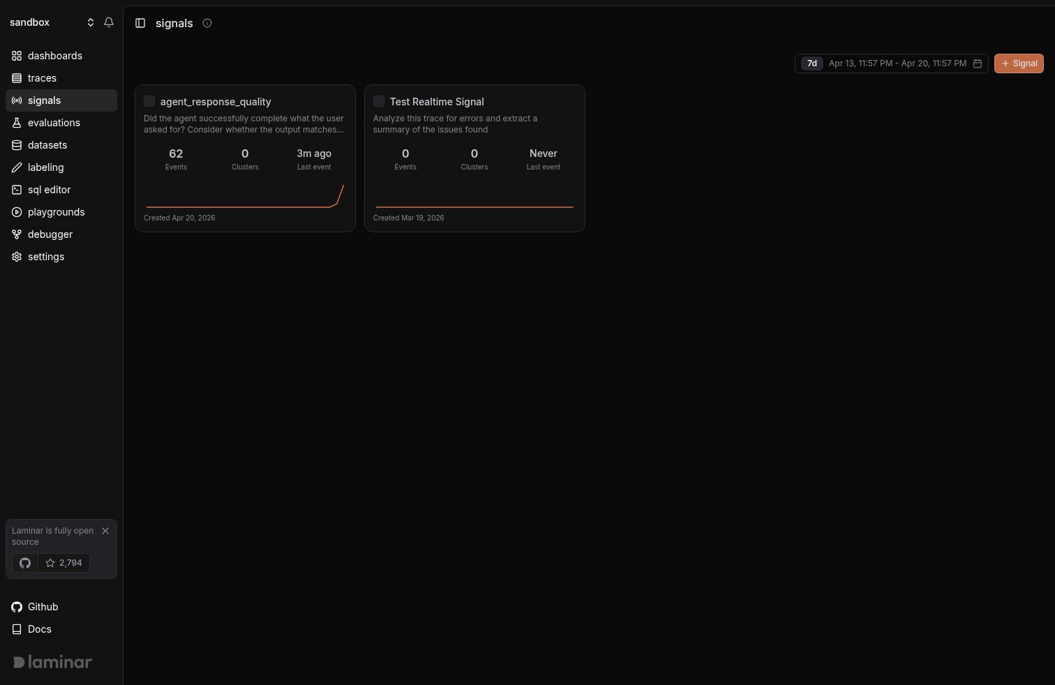 Signals list view with cards for each Signal and recent event counts