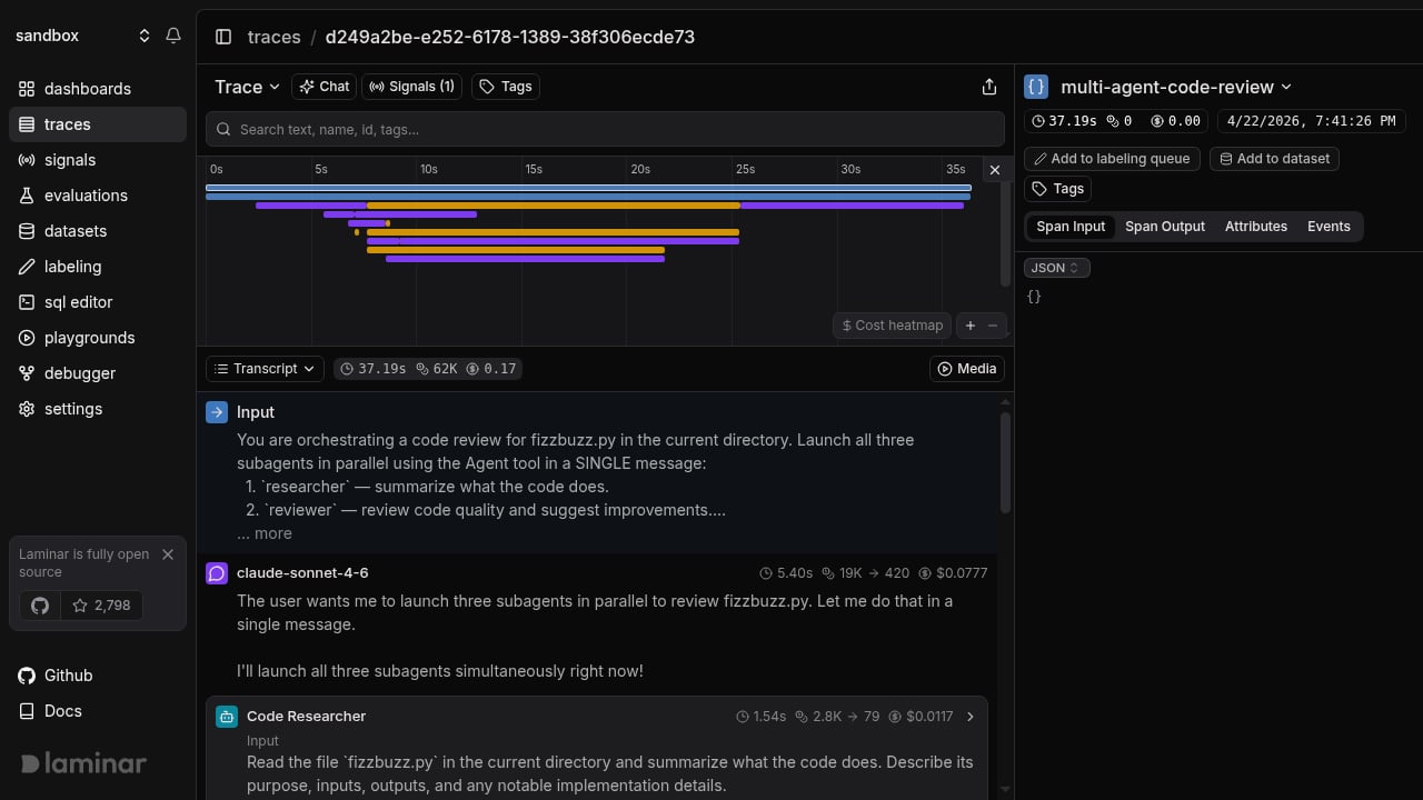 Claude Agent SDK multi-agent trace in Laminar