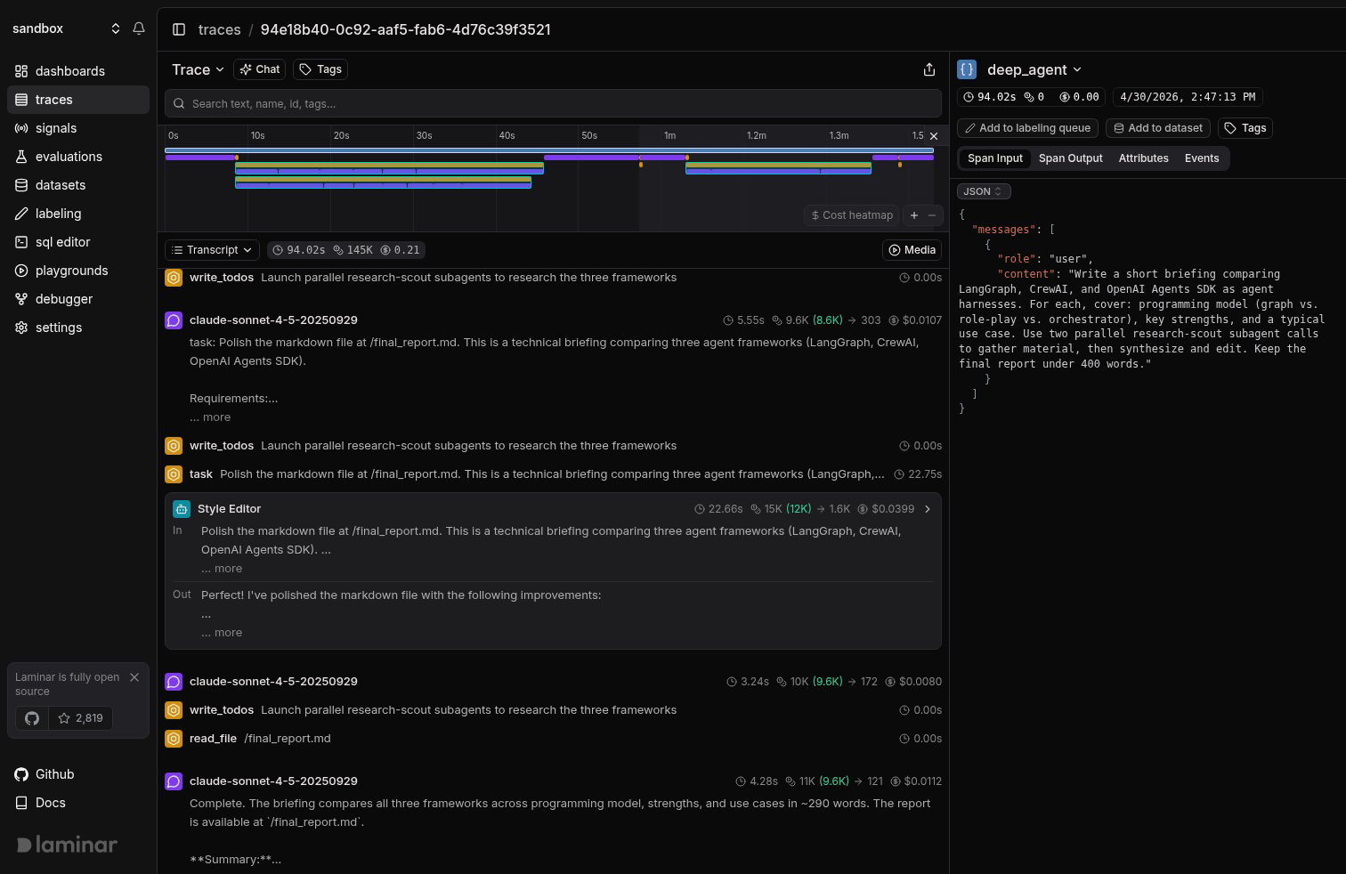 deepagents trace with two parallel Framework Researcher subagent cards in transcript view