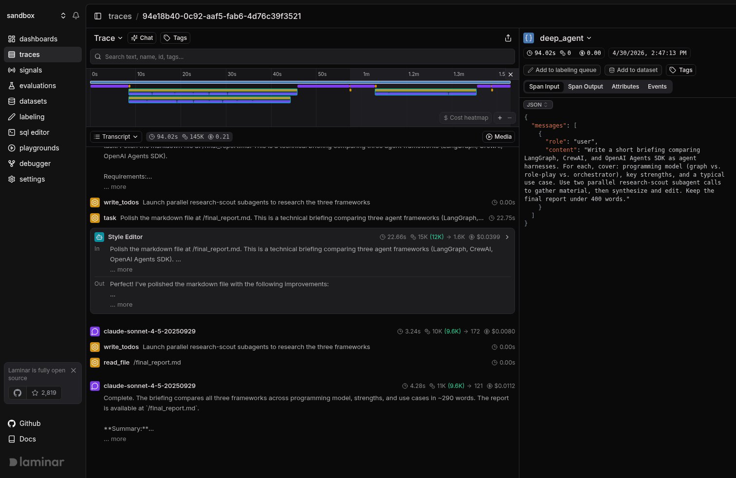 deepagents trace, Style Editor subagent card in transcript view