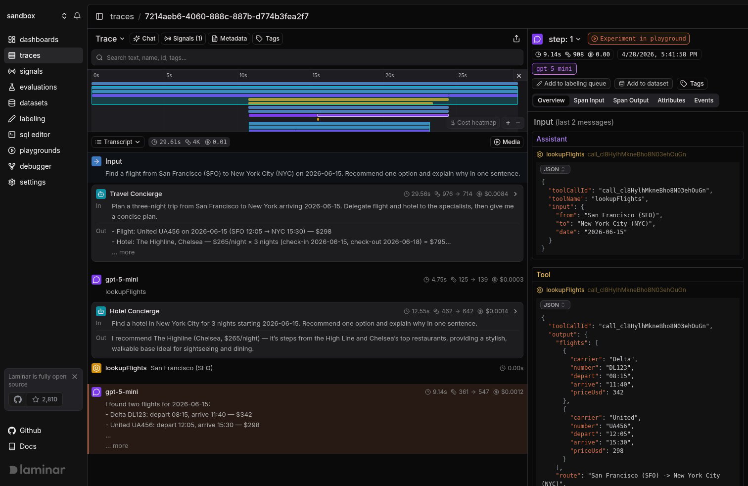 Mastra trace in Laminar, transcript view