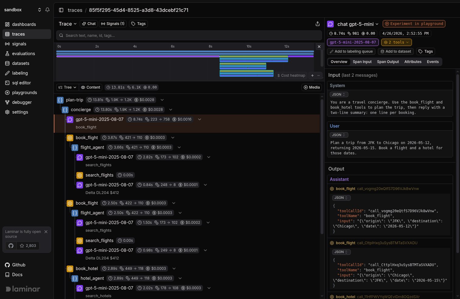 Pydantic AI multi-agent trace in Laminar, tree view showing nested sub-agents