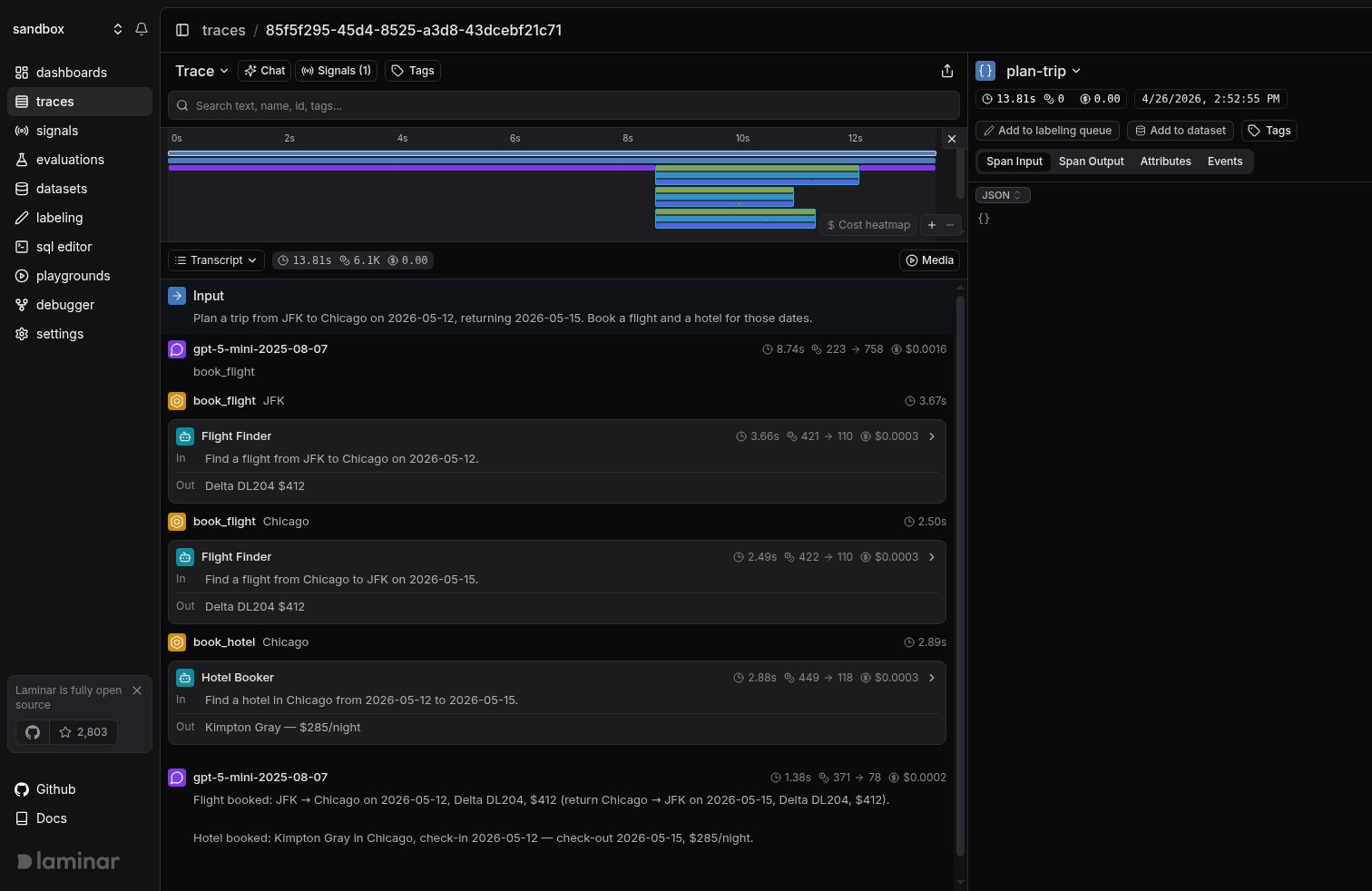 Pydantic AI multi-agent trace in Laminar, transcript view