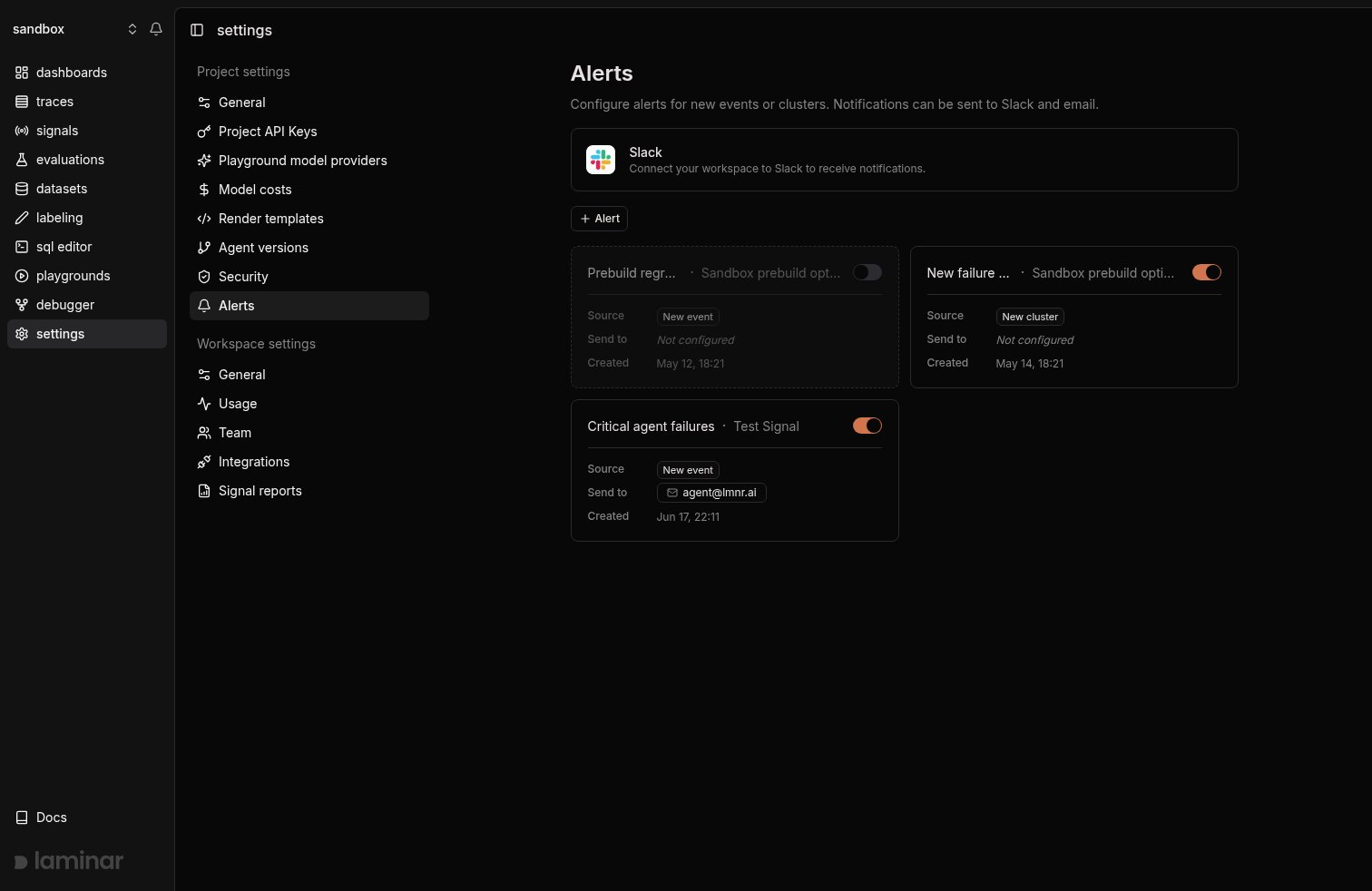 Project alerts settings with three alert cards, one toggled off and dimmed