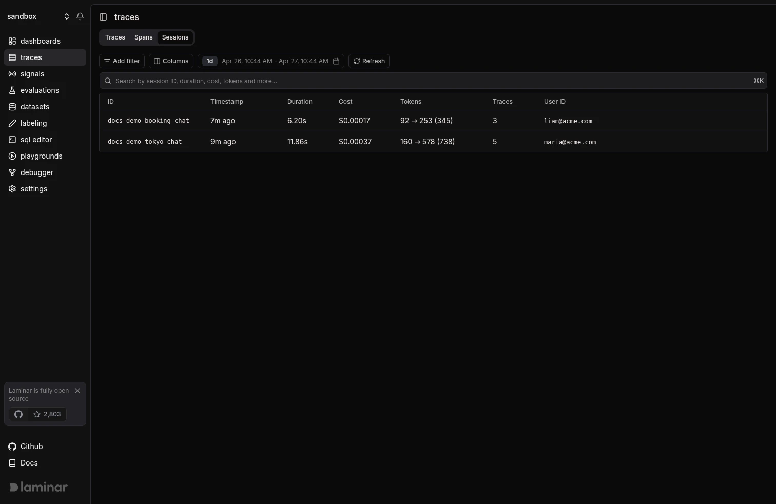 Sessions table in the Traces page