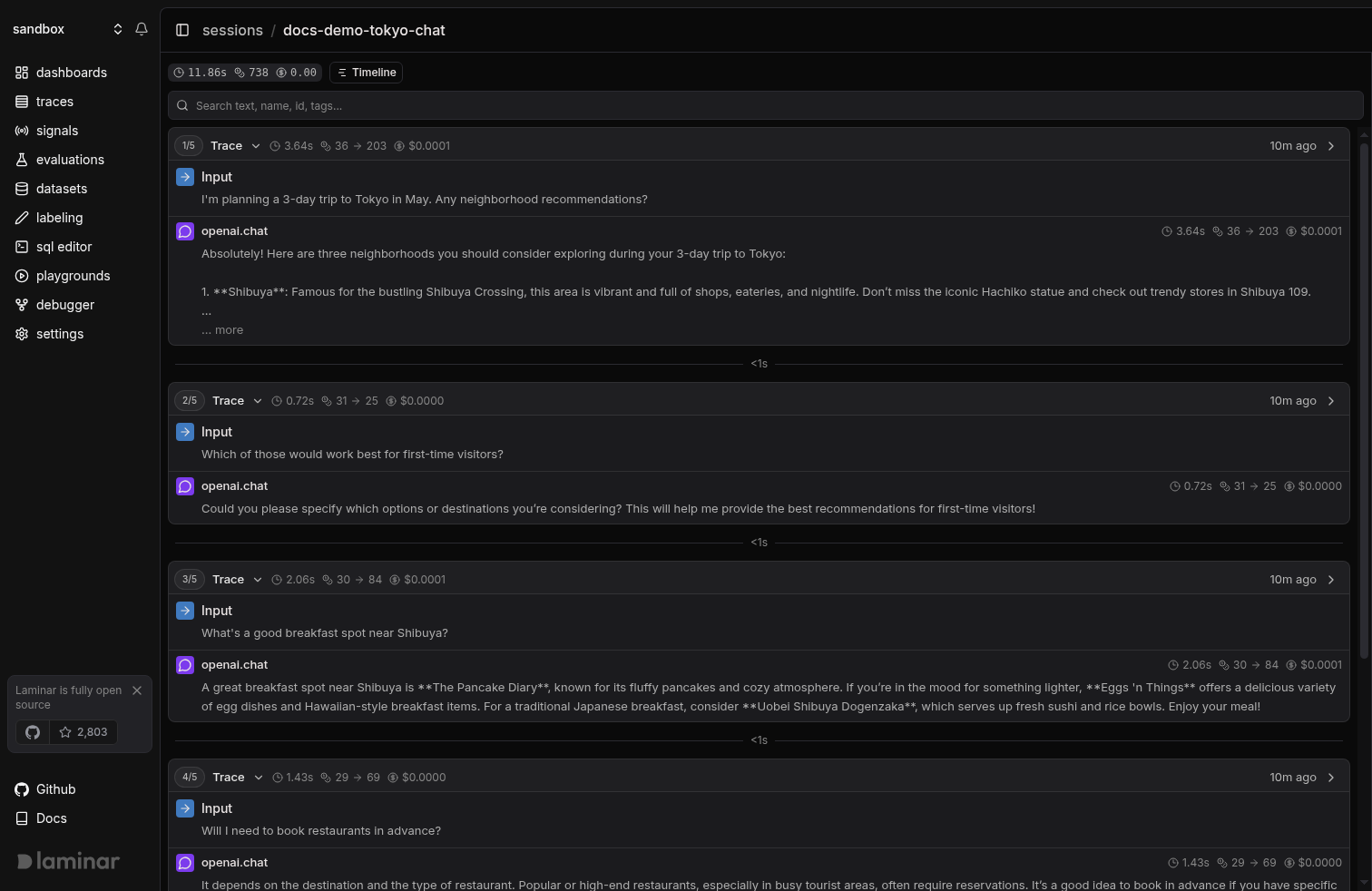 Session detail page showing traces with Input and Output previews