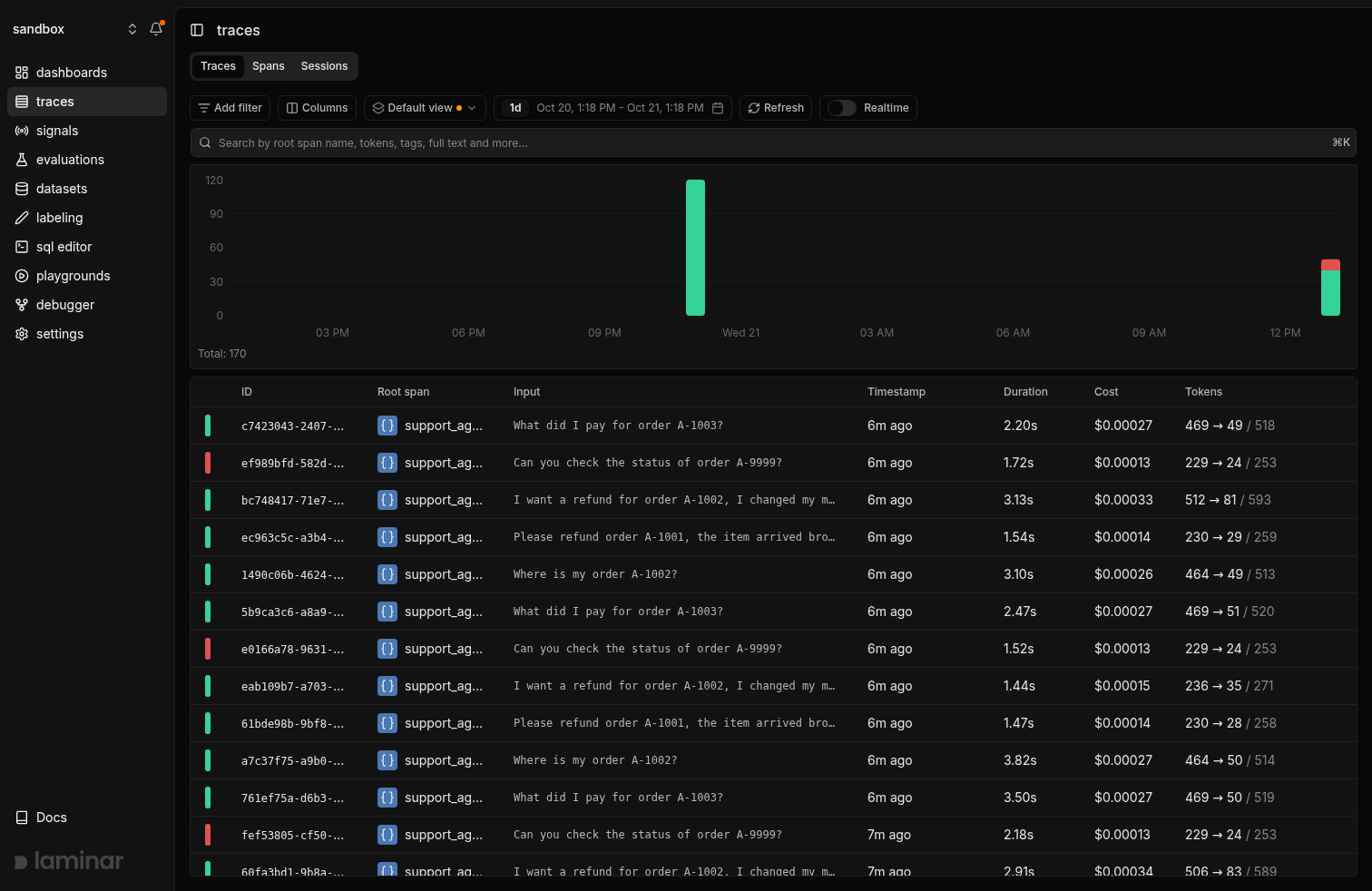 Traces table with the Input column showing each agent run's task