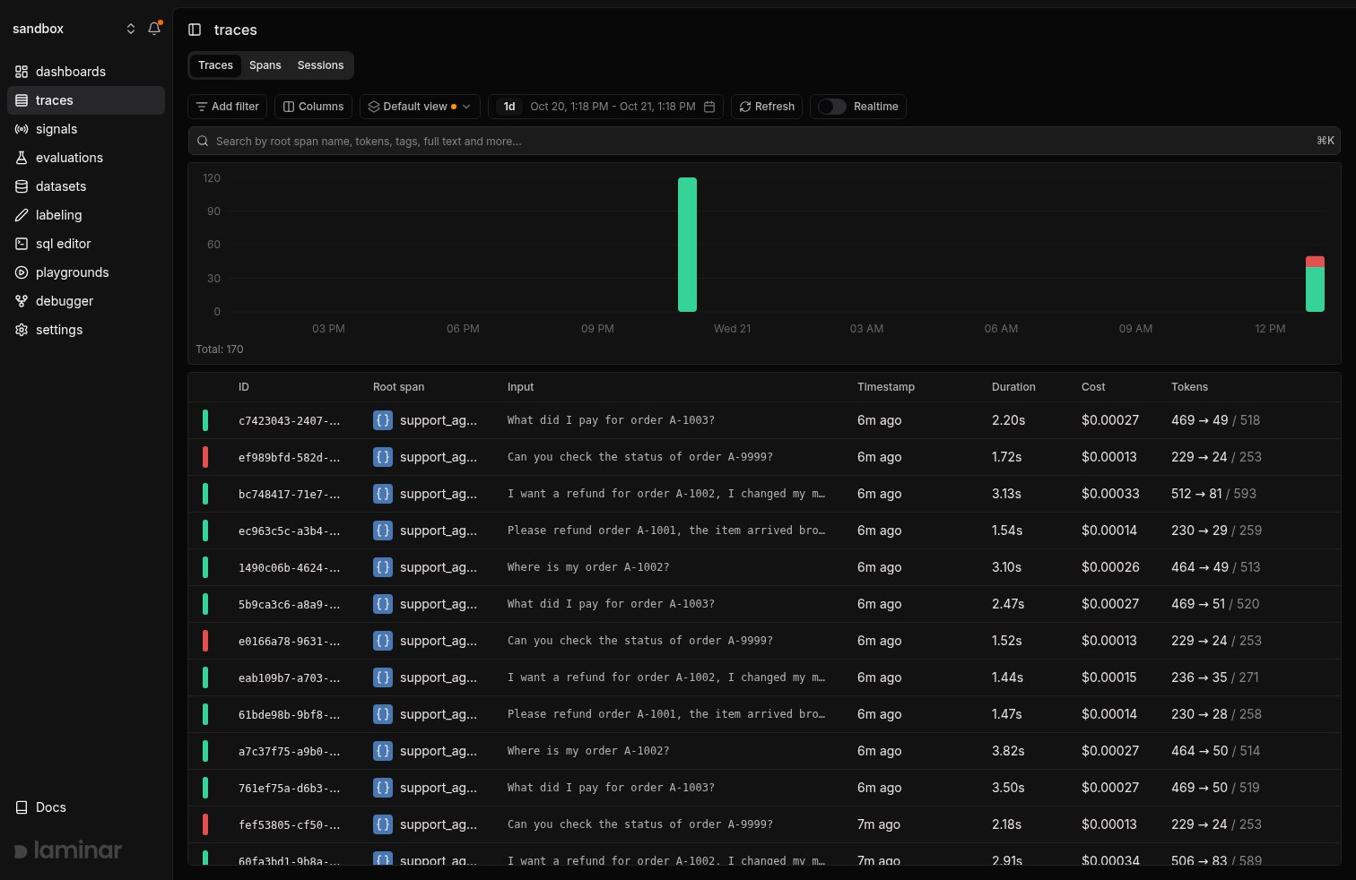 Traces table with the Input column showing each agent run's task