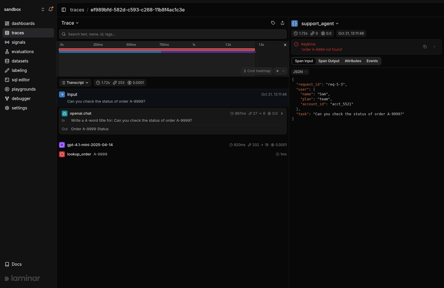 Transcript view of a failed support agent run with the extracted Input block at the top