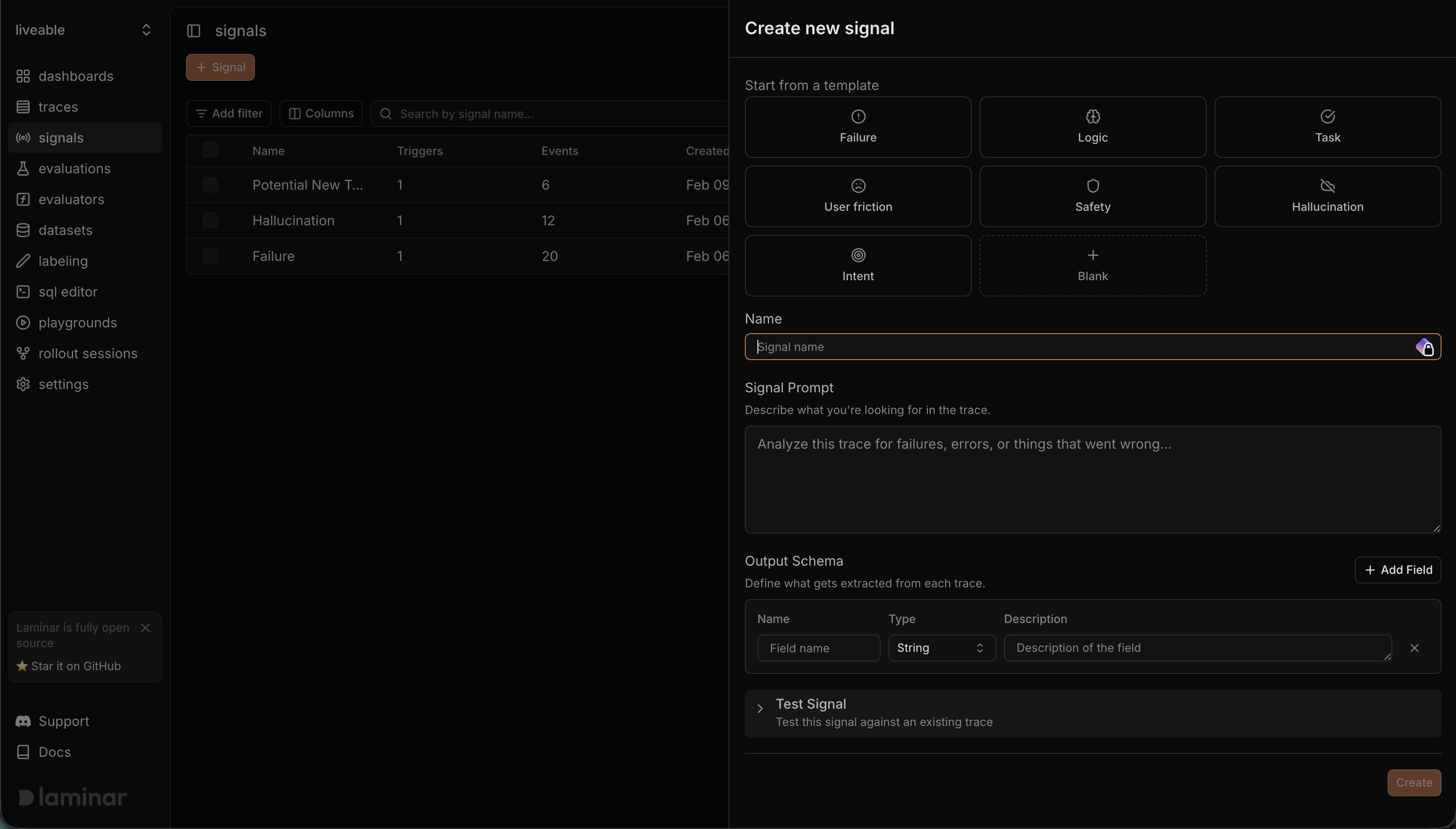 Create new signal form showing name, prompt, structured output schema, and test trace