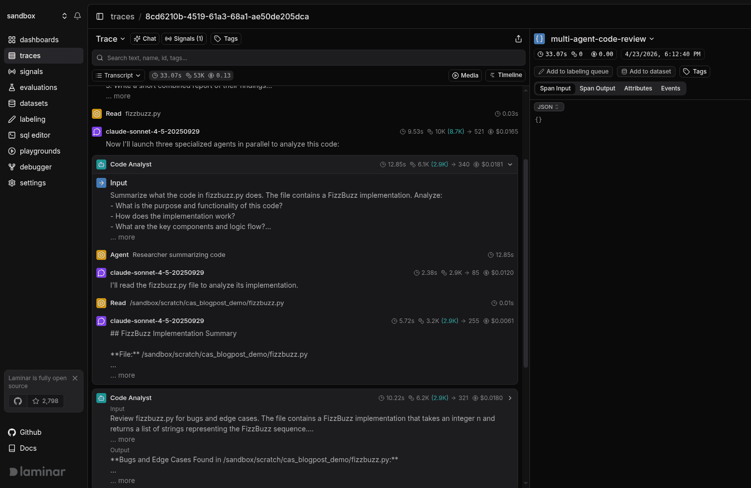 Multi-agent trace in transcript view