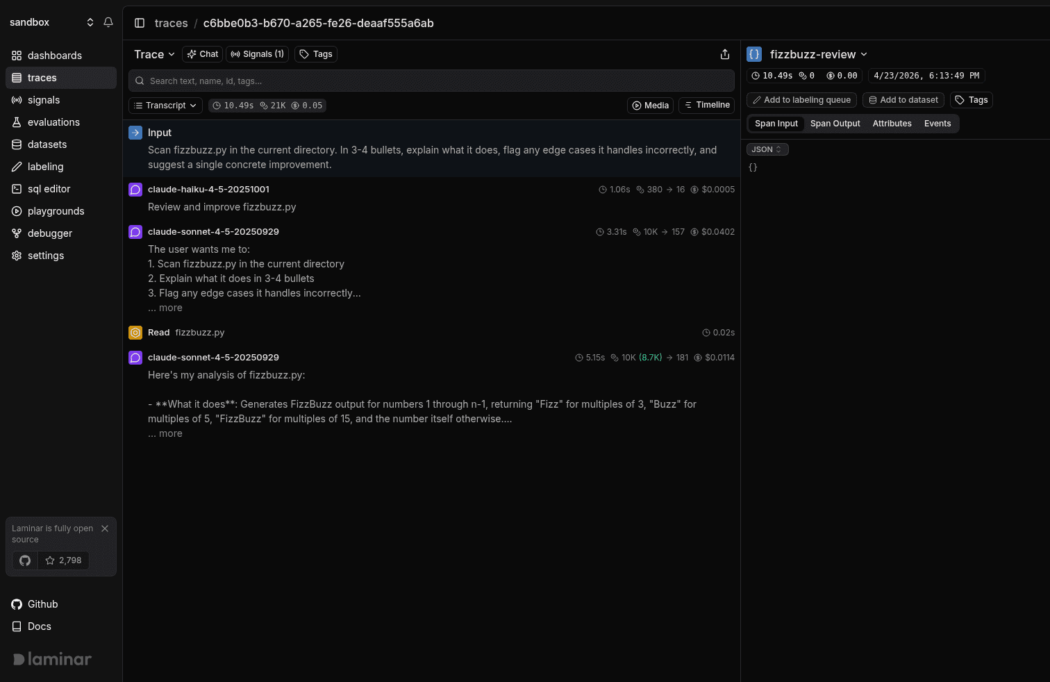 Single-agent trace in transcript view