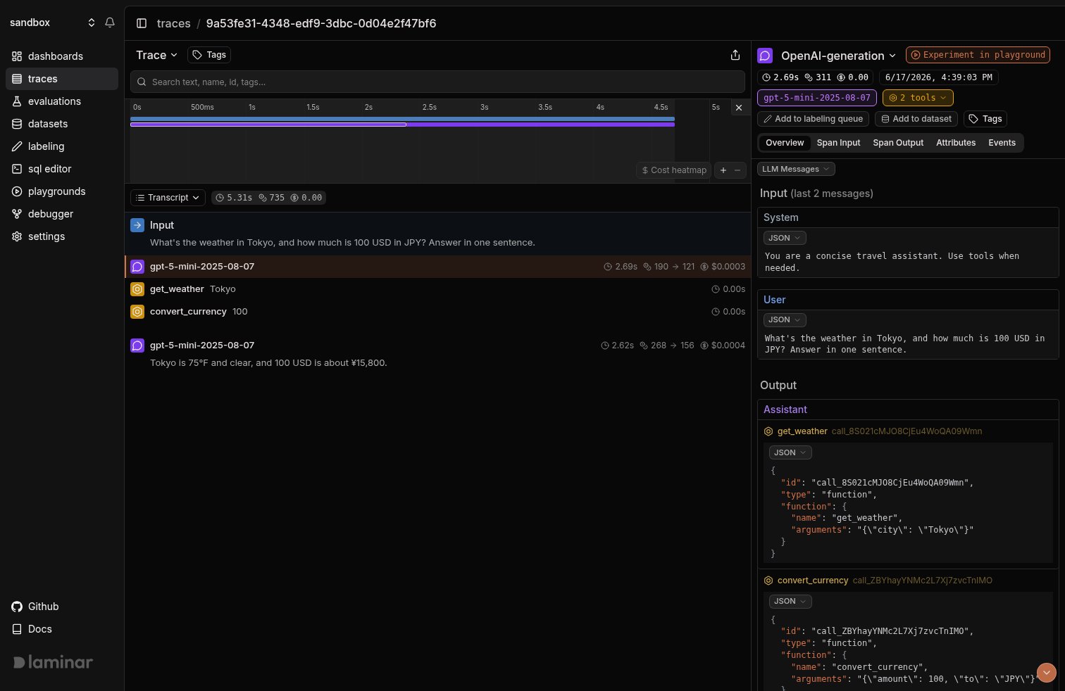 Langfuse-bridged agent trace in Laminar, transcript view with tool calls