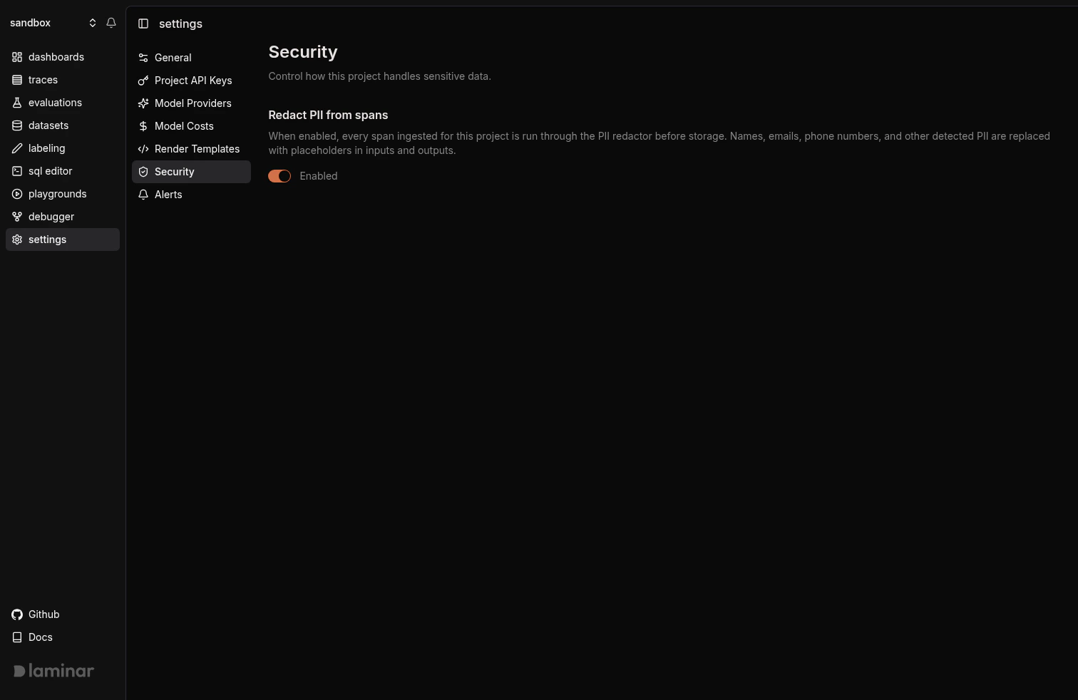 Security tab with the Redact PII from spans toggle in the on position