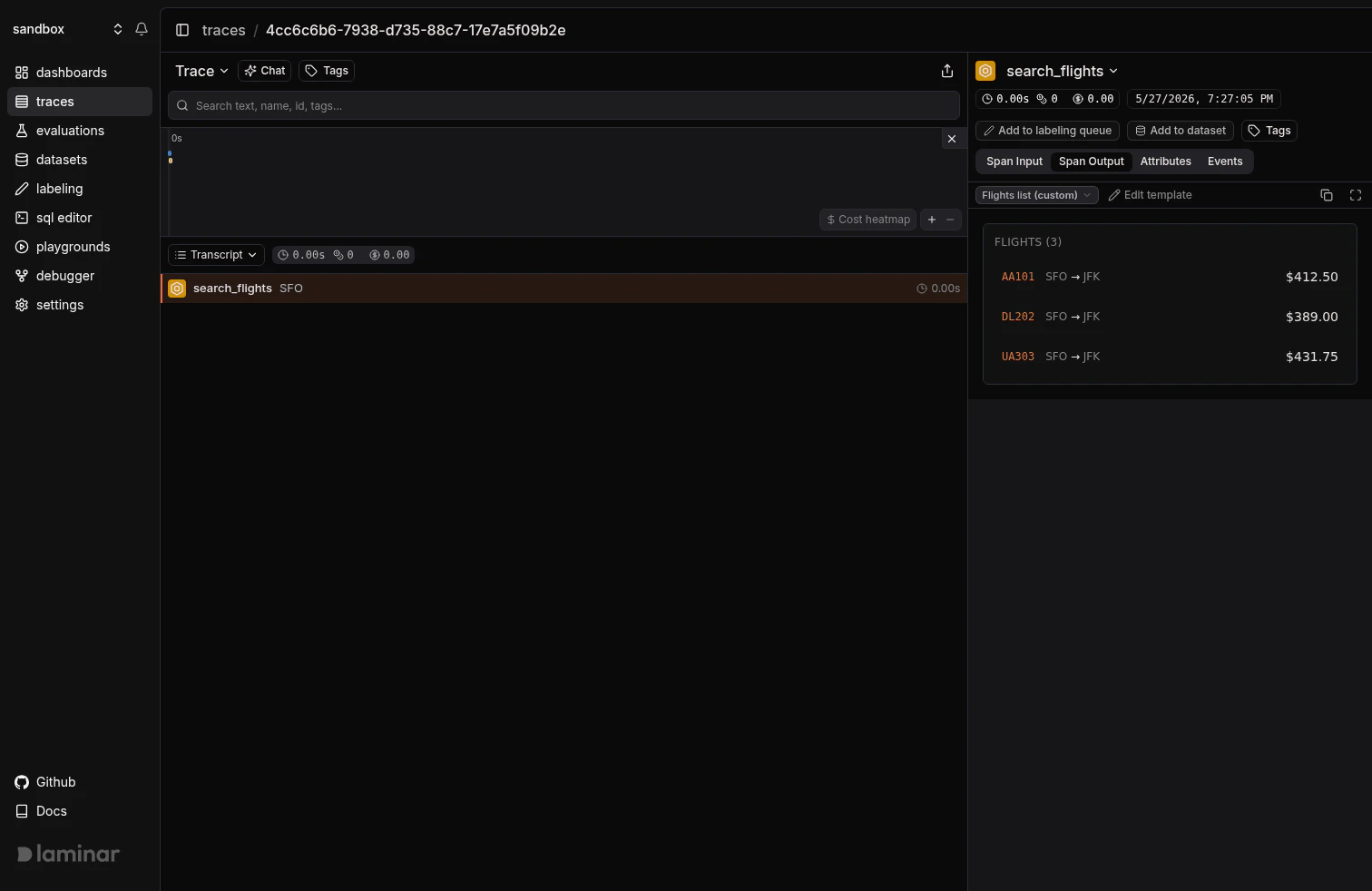 Span Output rendered through a custom Flights list template