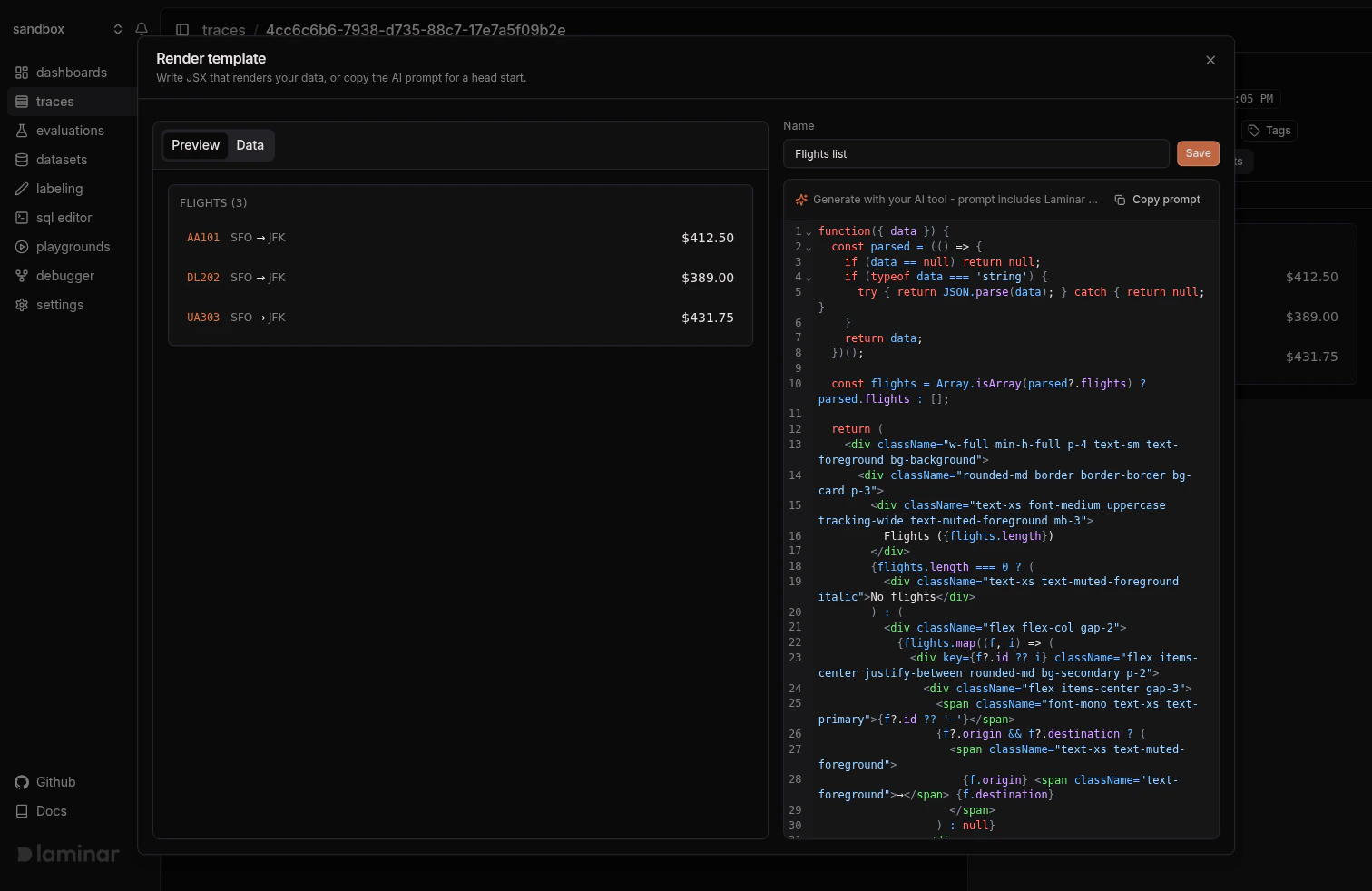 Render template edit dialog with live preview and JSX editor
