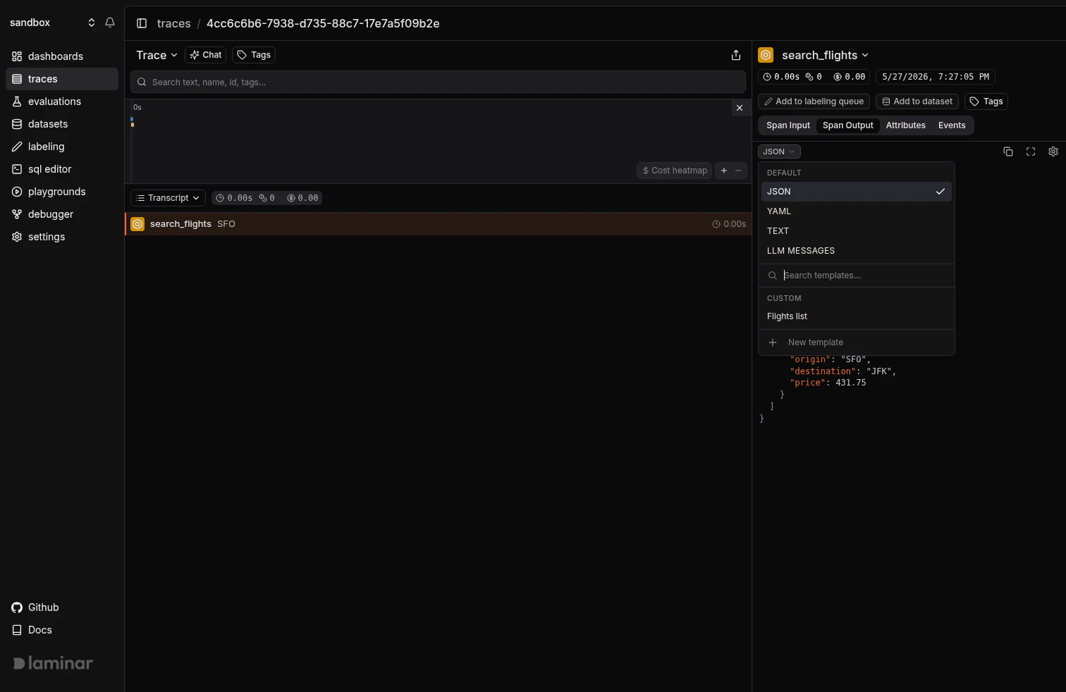 Mode picker dropdown showing Custom group with a Flights list template