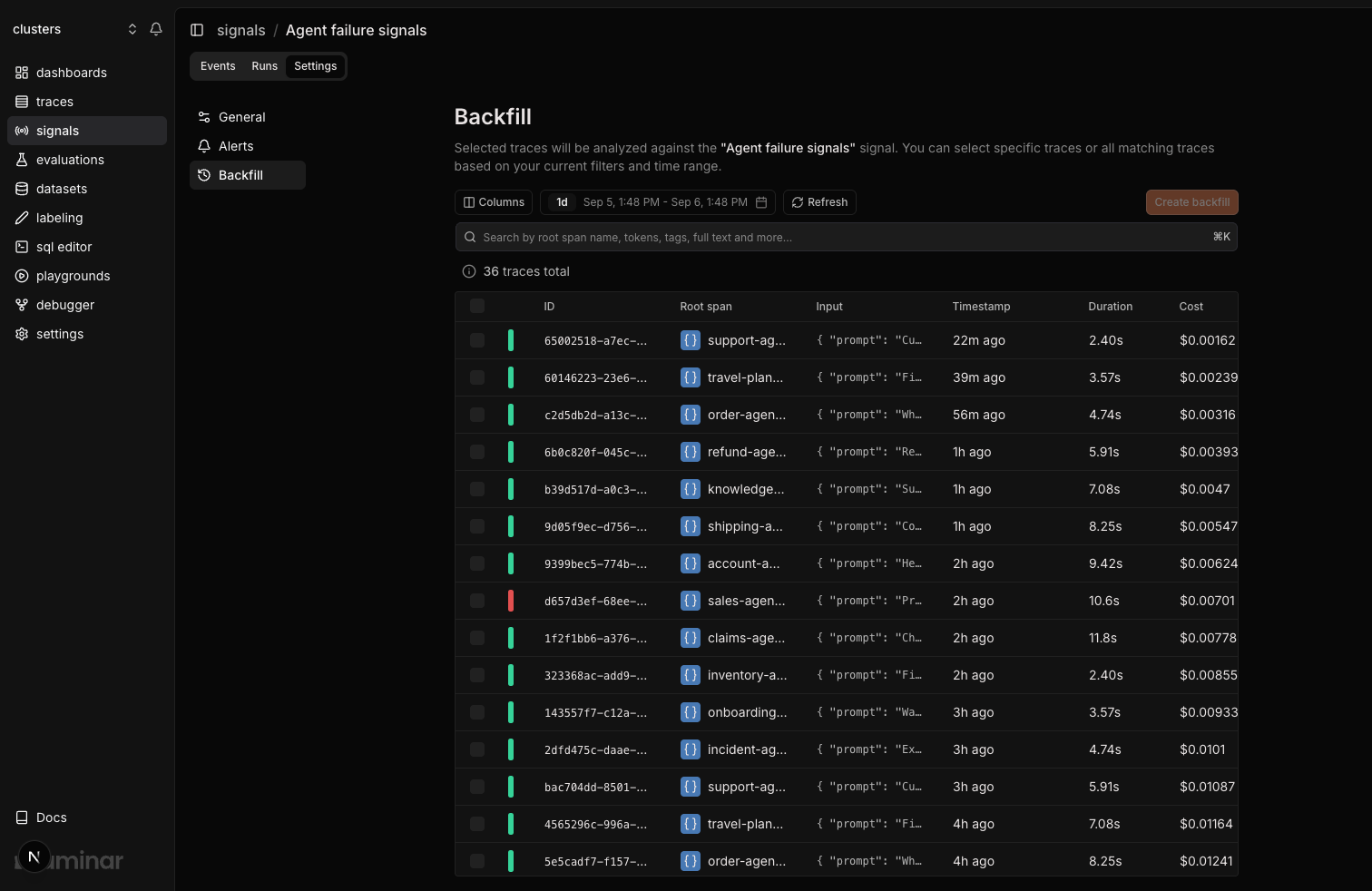 Backfill page with trace selection, filters, and trace table