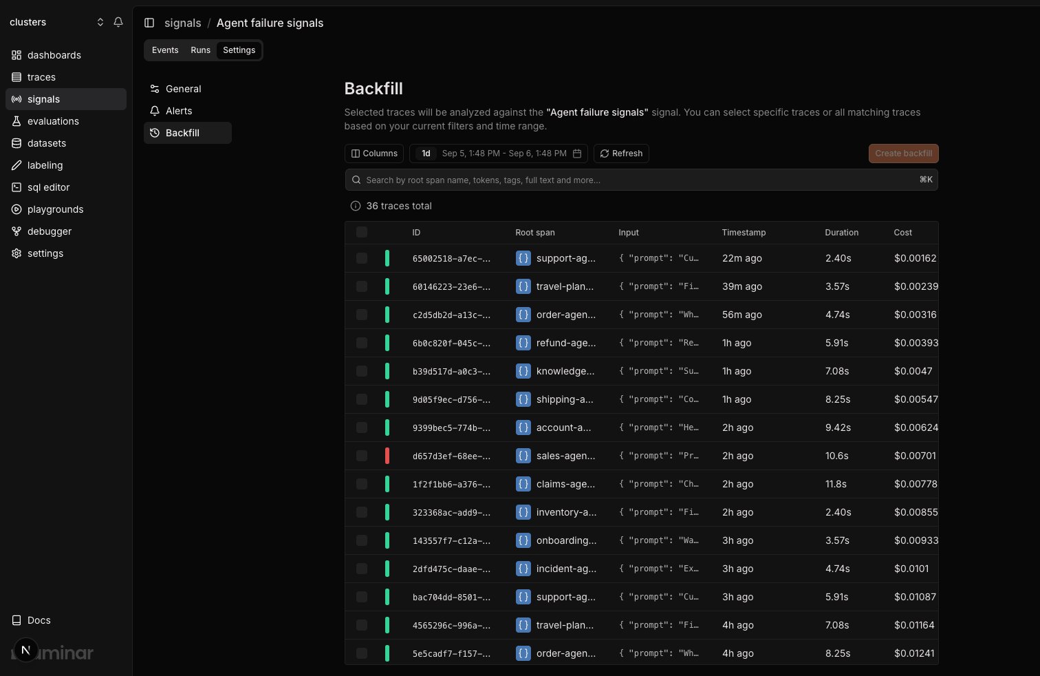 Backfill page with trace selection, filters, and trace table