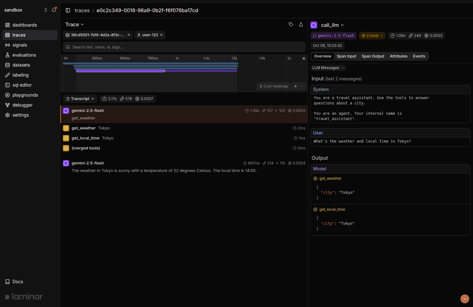 Google ADK trace in Laminar: transcript with two Gemini turns and two tool calls, and the call_llm span's system prompt, user message, and tool calls
