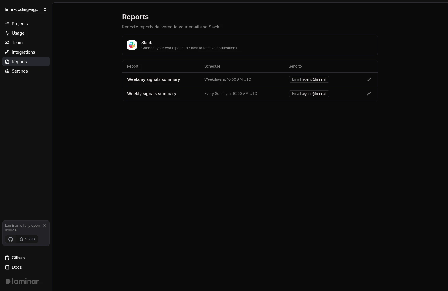 Workspace reports page showing daily and weekly signal summaries with Slack and email targets