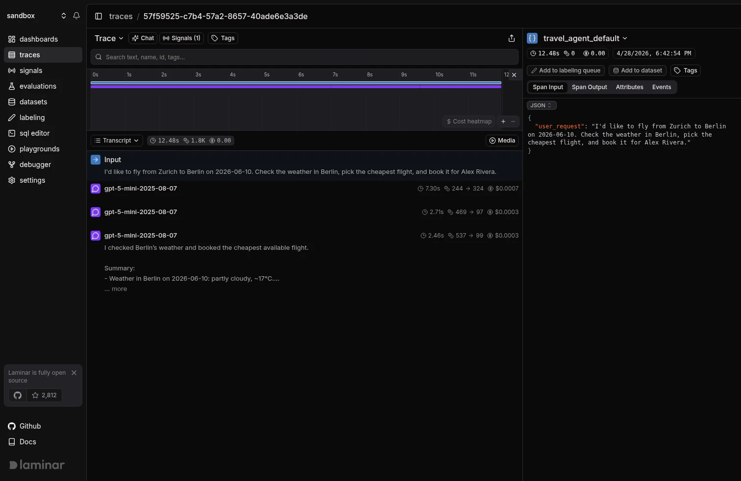 Travel agent trace with DEFAULT-typed tool functions: transcript shows only the three LLM turns and no tool rows.