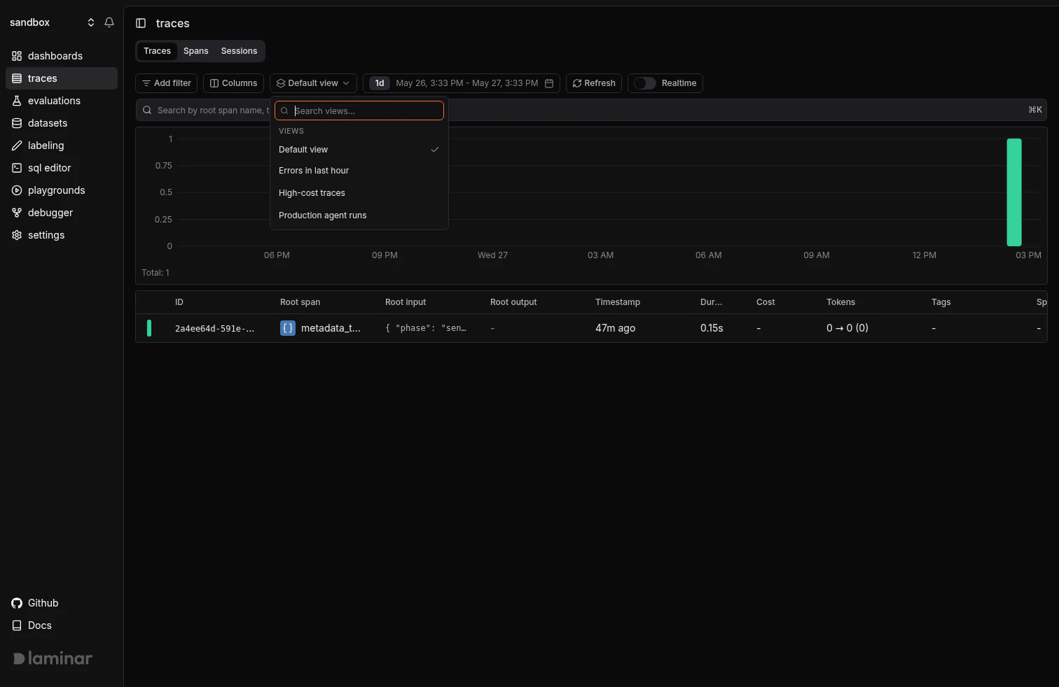 Table views picker open above the traces table